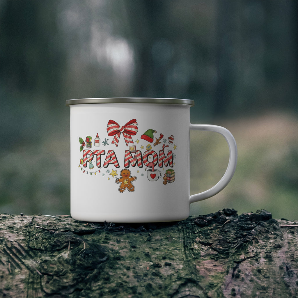Enamel Mug "PTA Mom" Holiday Camping Coffee Cup Christmas Candy Cane Design School Staff Christmas Mug Collection