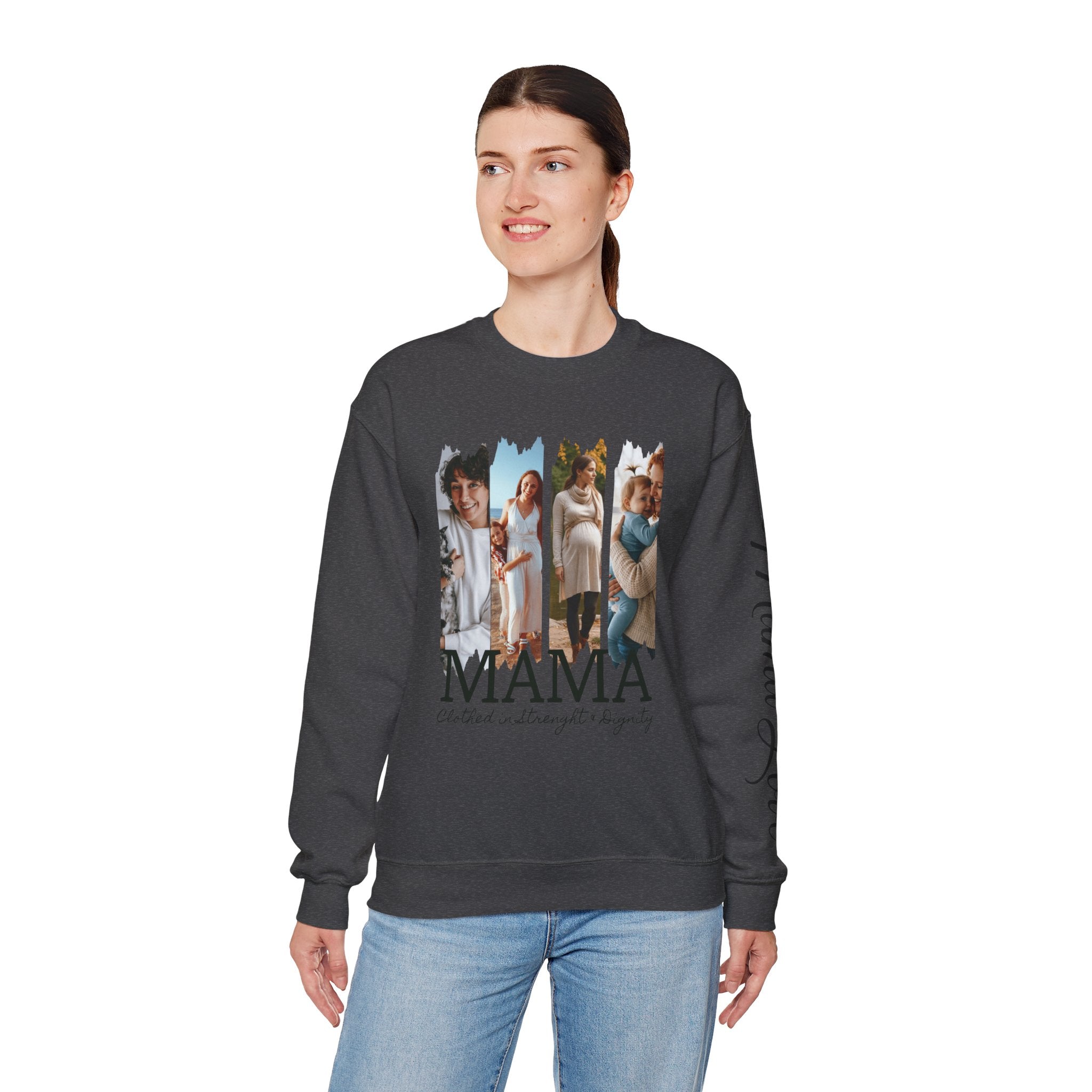 Mama Photo Collage Sweatshirt — "MAMA: clothed in strength & dignity" Sleeve Script