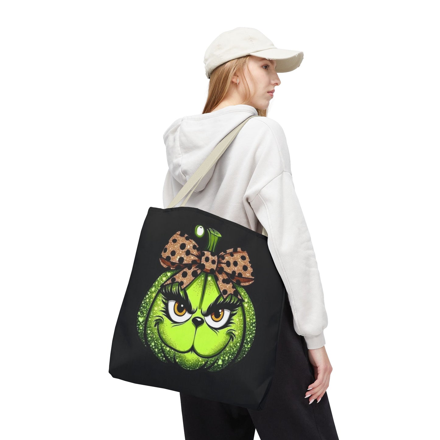 Grinch-Inspired Tote Bag with Polka Dot Bow Christmas Tote Bag Festive Holiday Design