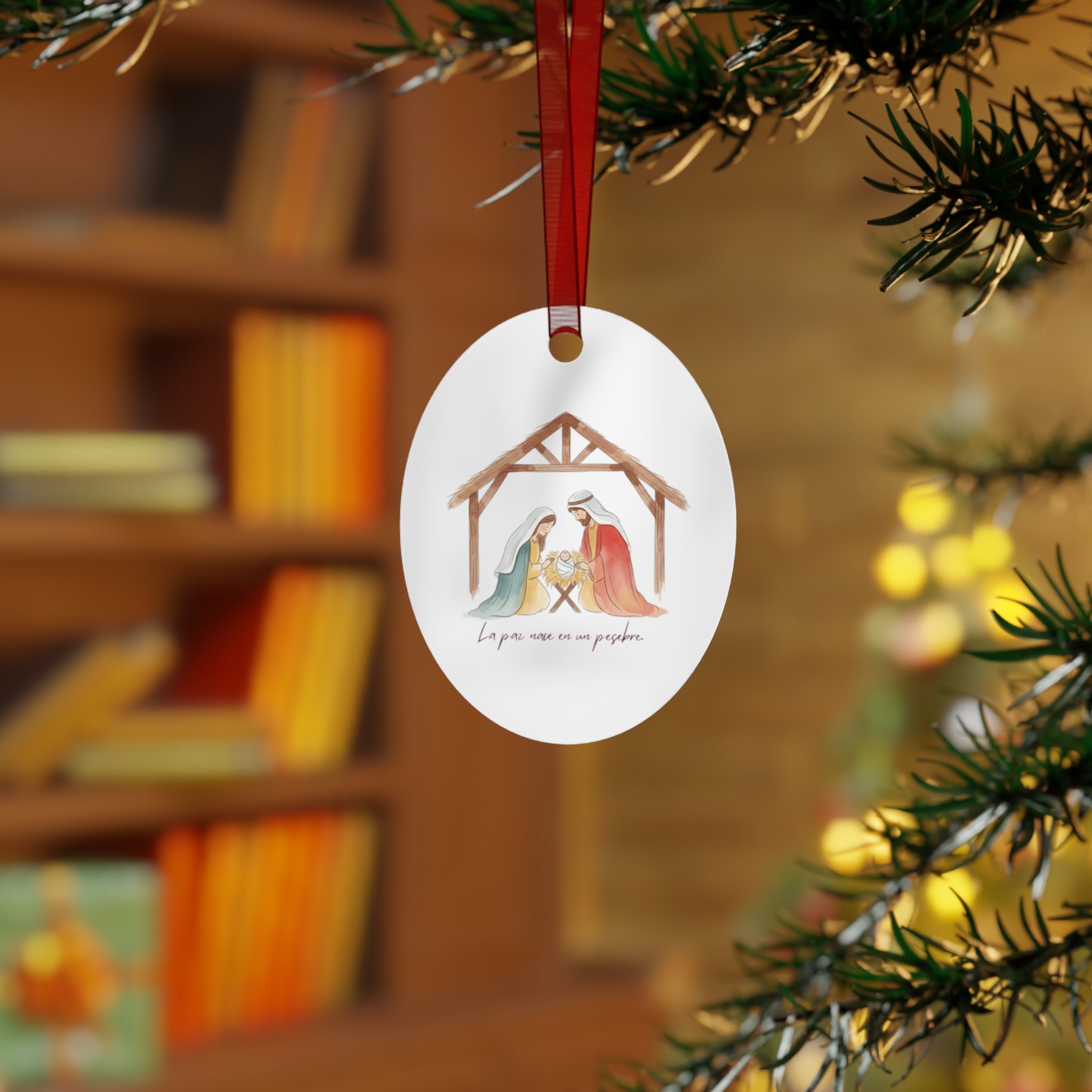 Nativity Metal Ornament — "La paz nace en un pesebre" Christmas Decoration
