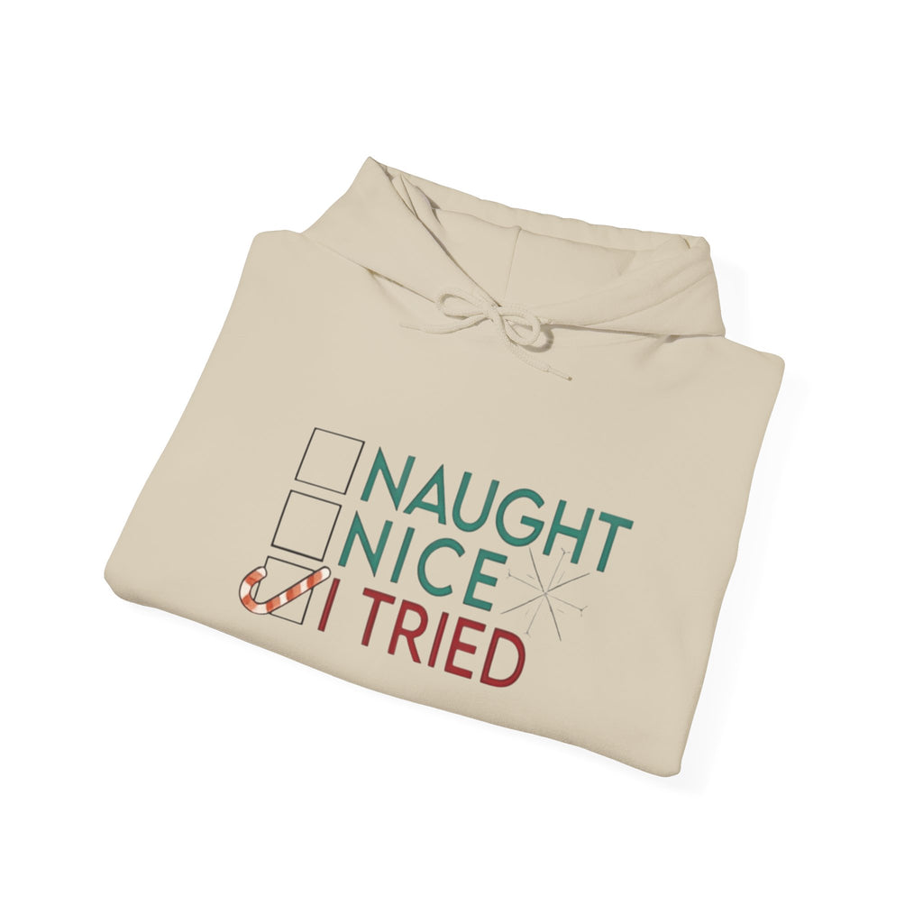 Holiday Hoodie — "Naughty, Nice, I Tried" Funny Christmas Sweatshirt