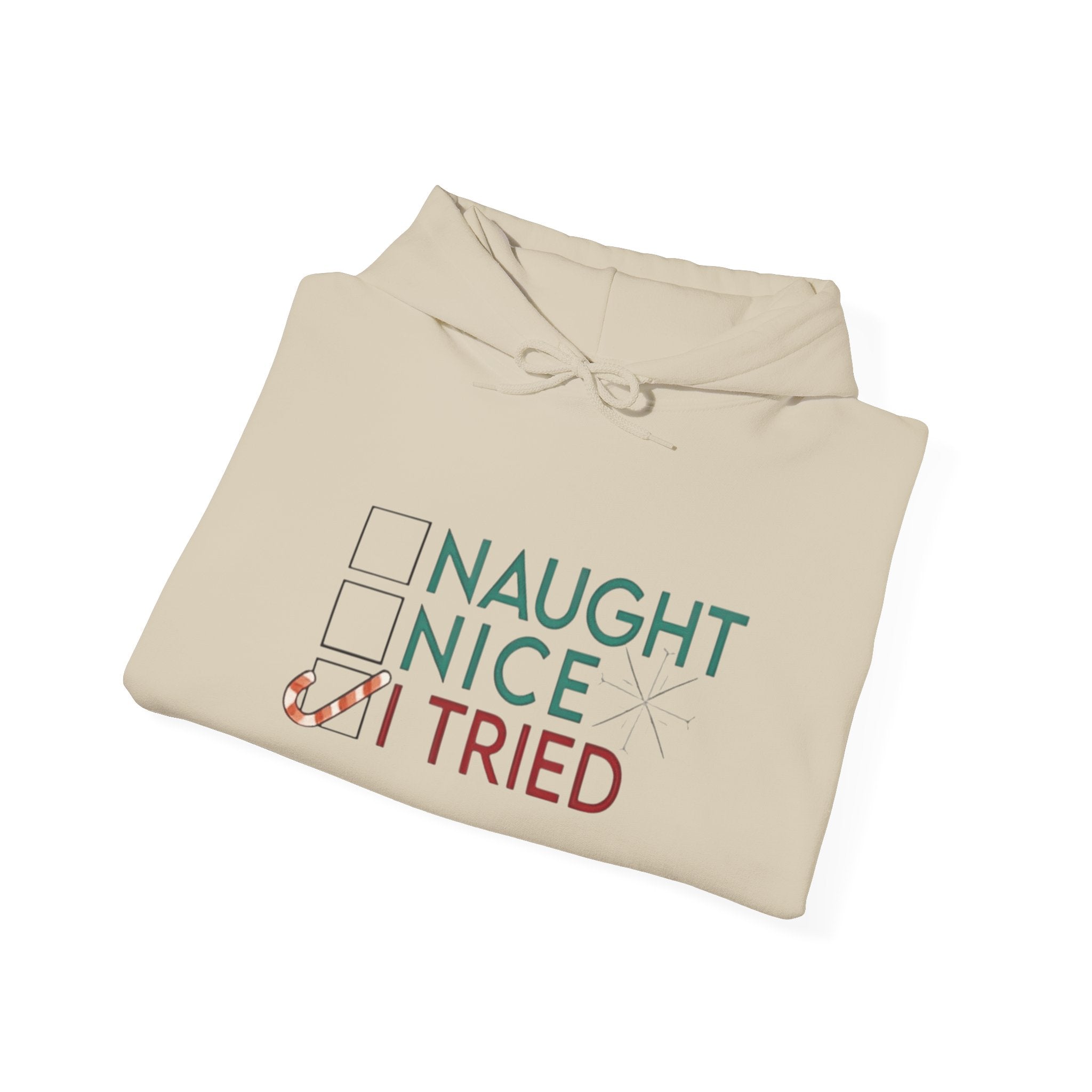 Holiday Hoodie — "Naughty, Nice, I Tried" Funny Christmas Sweatshirt