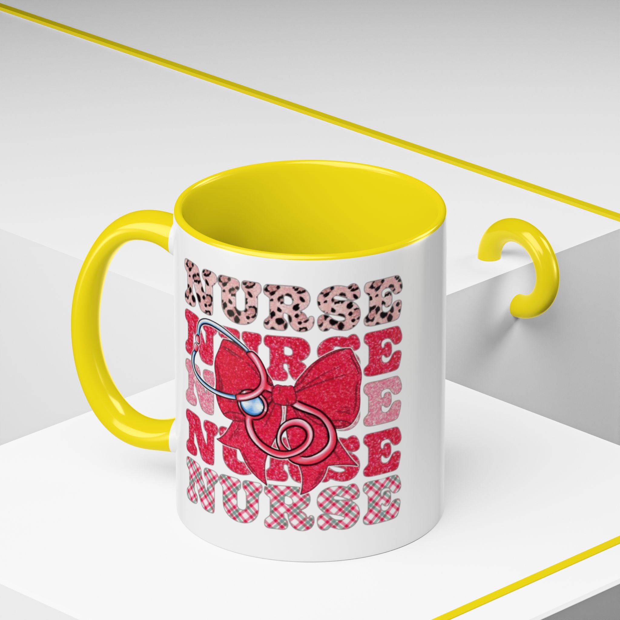 Nurse Stethoscope Bow Accent Coffee Mug — Cute Leopard & Plaid Healthcare Gift (11/15oz) Medical Christmas Mug