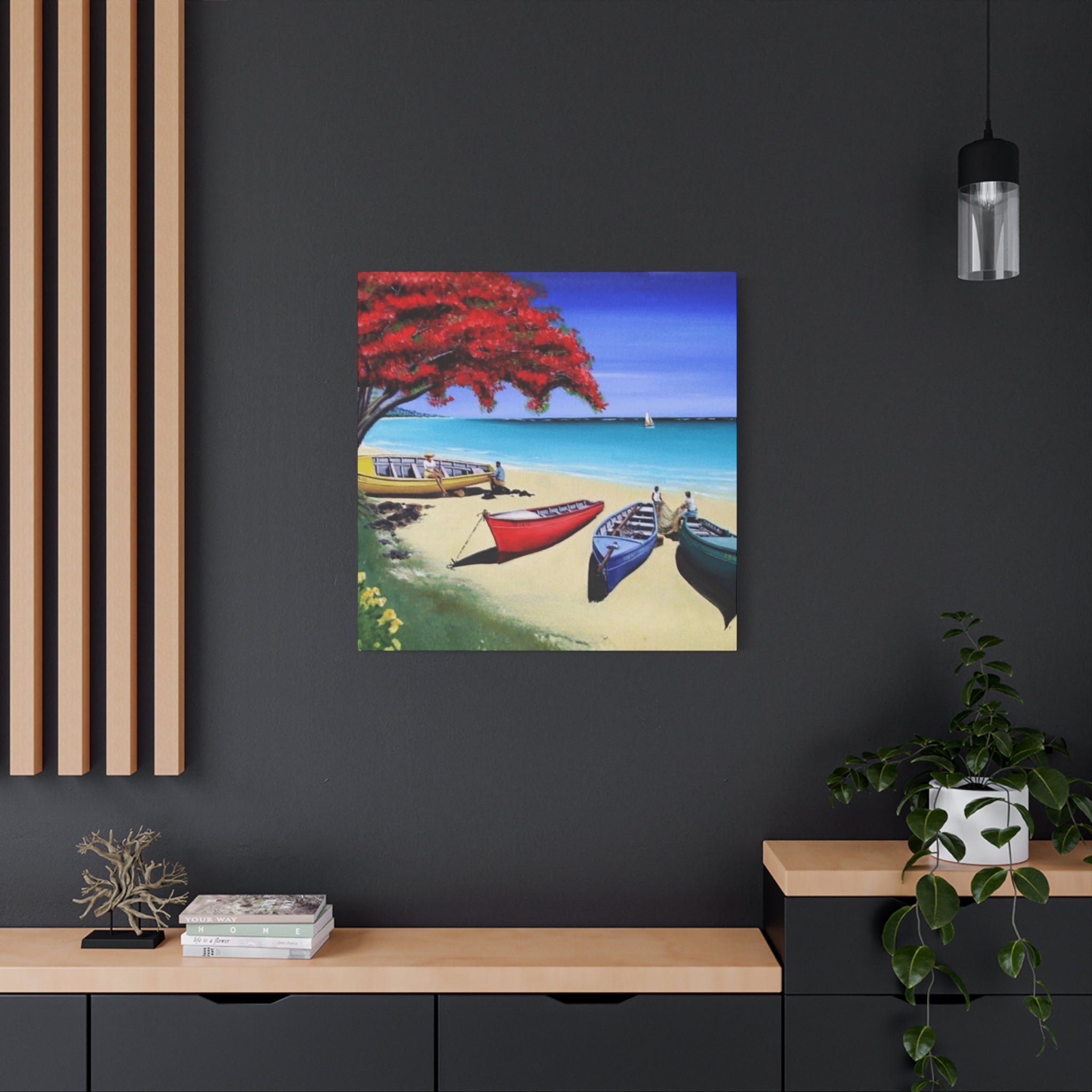 Beach Canoes Canvas Wall Art Tropical Seaside Landscape Matte Stretched Canvas