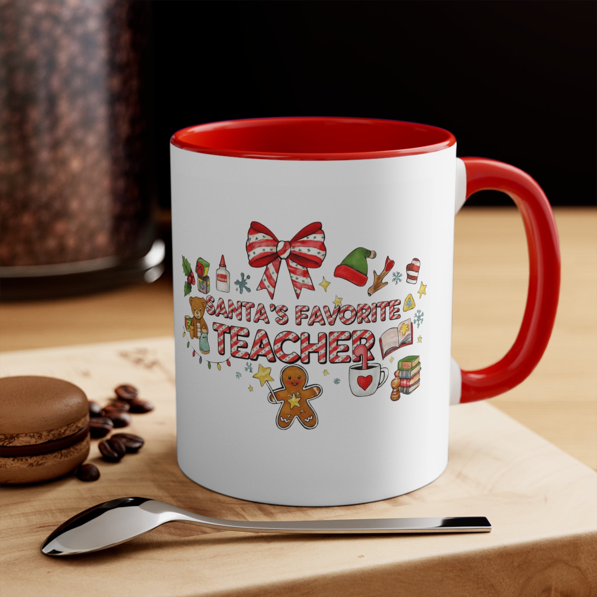 A festive Christmas mug for teachers who inspire hearts and minds all year long.  “Santa’s Favorite Teacher” 11oz Accent Coffee Cup