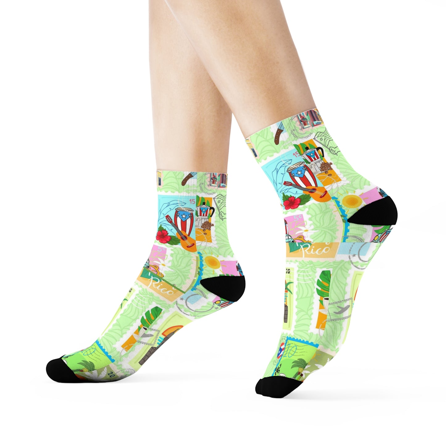 Navidad en Puerto Rico Tropical Postcard Crew Socks  Vintage Beach Stamps Pattern