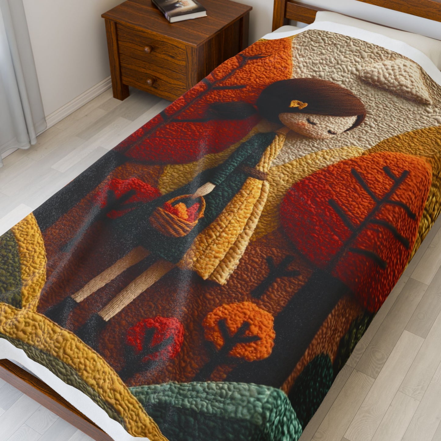 Autumn Forest Girl Plush Blanket — Cozy Velveteen Fall Throw