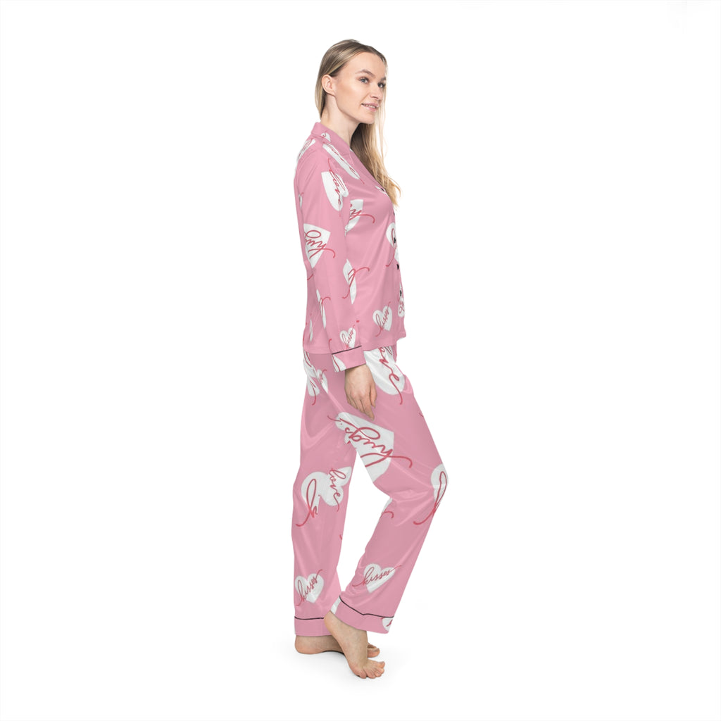 Pink Satin Pajama Set — Heart & 'Love' All-Over Print