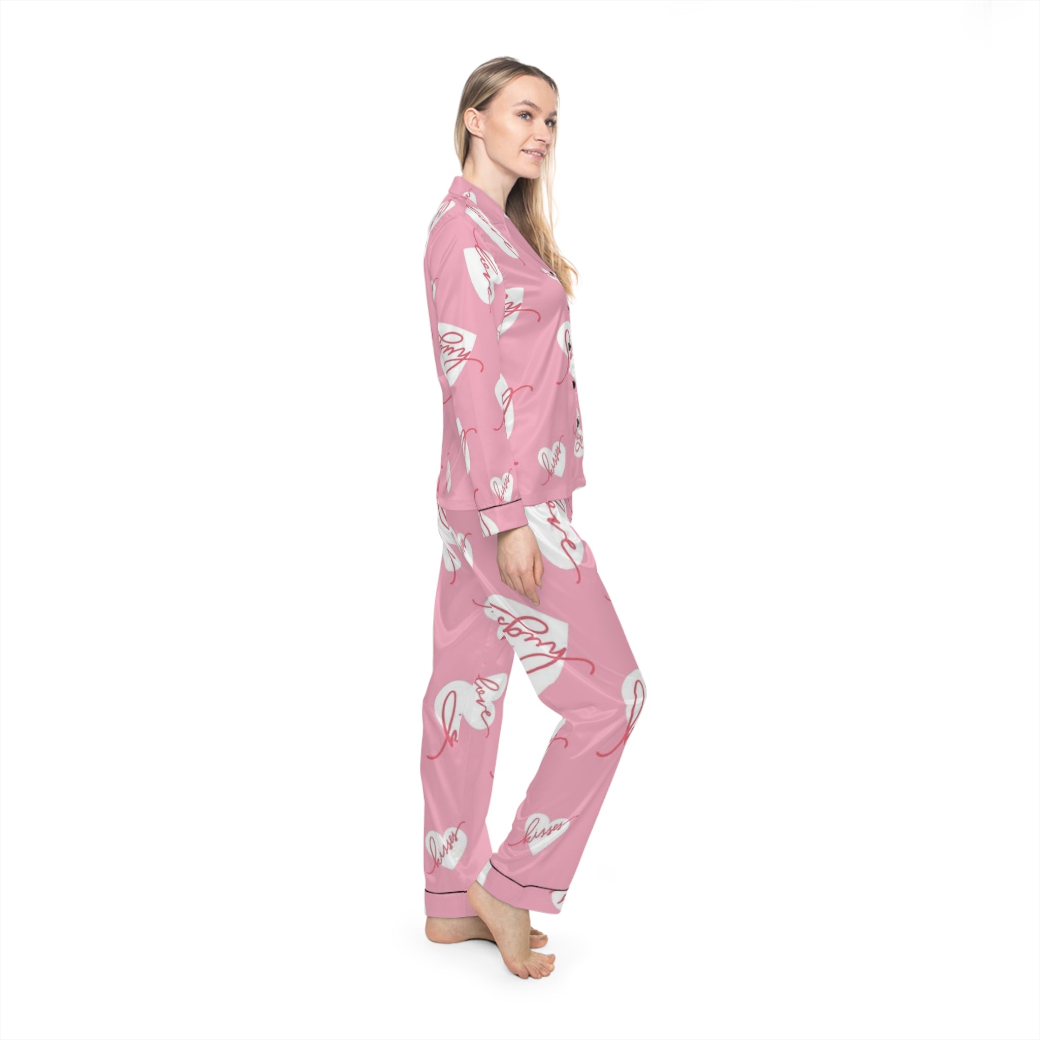 Pink Satin Pajama Set — Heart & 'Love' All-Over Print