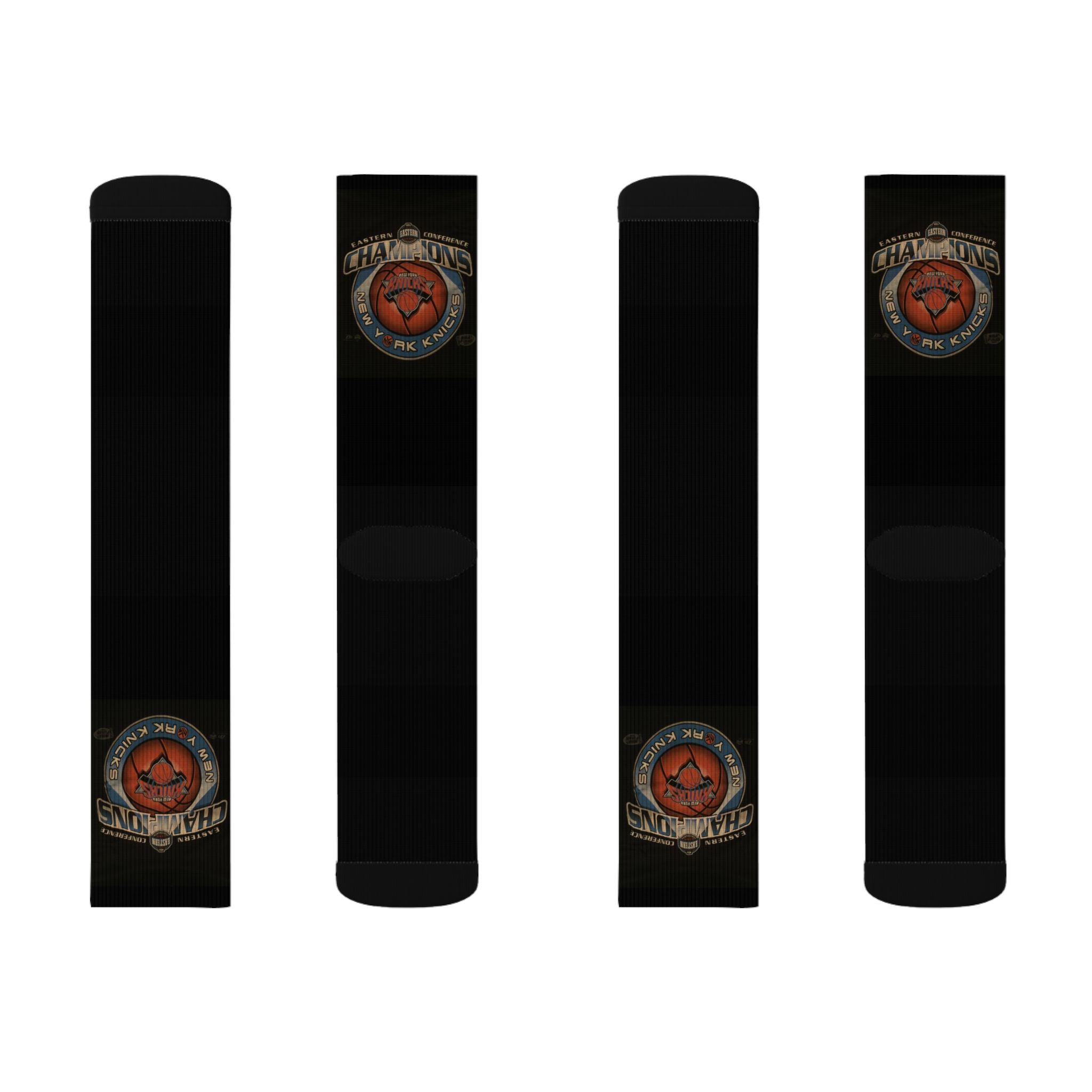 NY*K Basketball Black Sublimation Crew Socks with Vintage Motorcycle Badge Design
