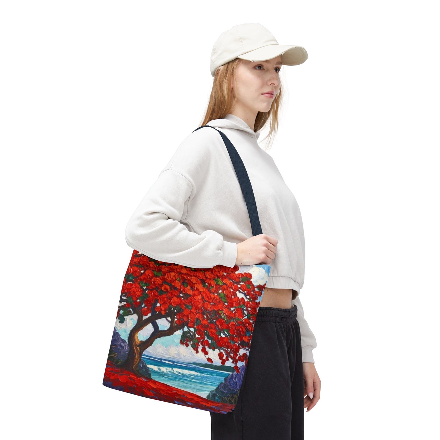 Red Blossom Beach Tote - Tropical Tree Art All-Over Print Tote Bag Crochet-Decorated Tote Bags