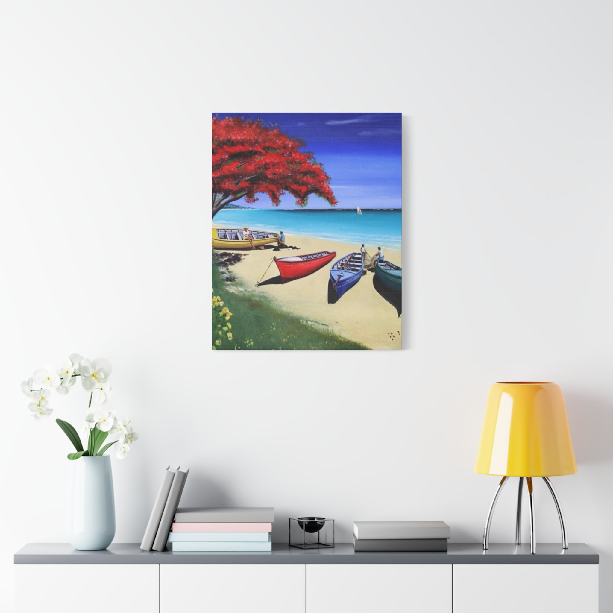 Beach Canoes Canvas Wall Art Tropical Seaside Landscape Matte Stretched Canvas