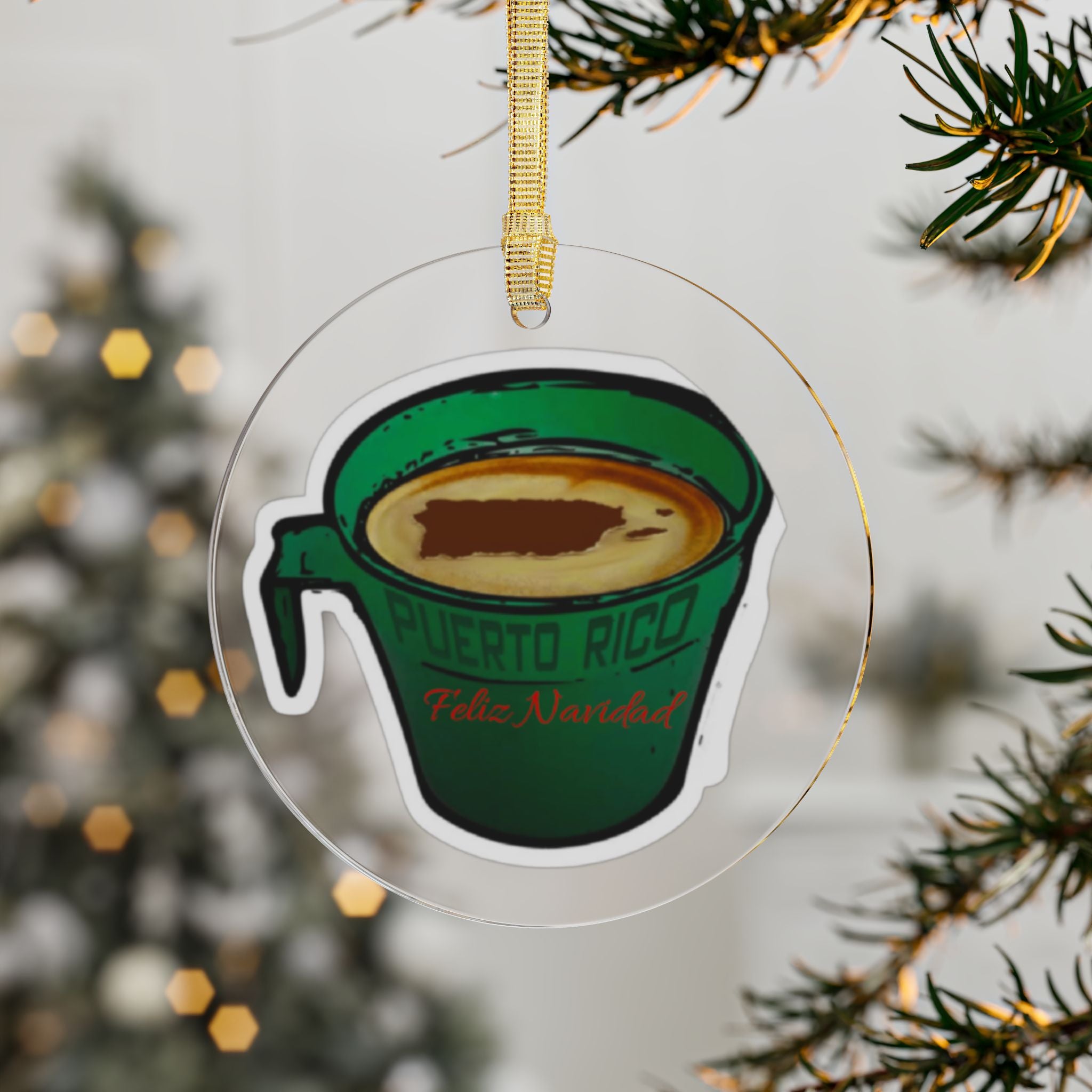 Puerto Rico Café Cup Acrylic Ornament  Merry & Bright Christmas Tree Decoration