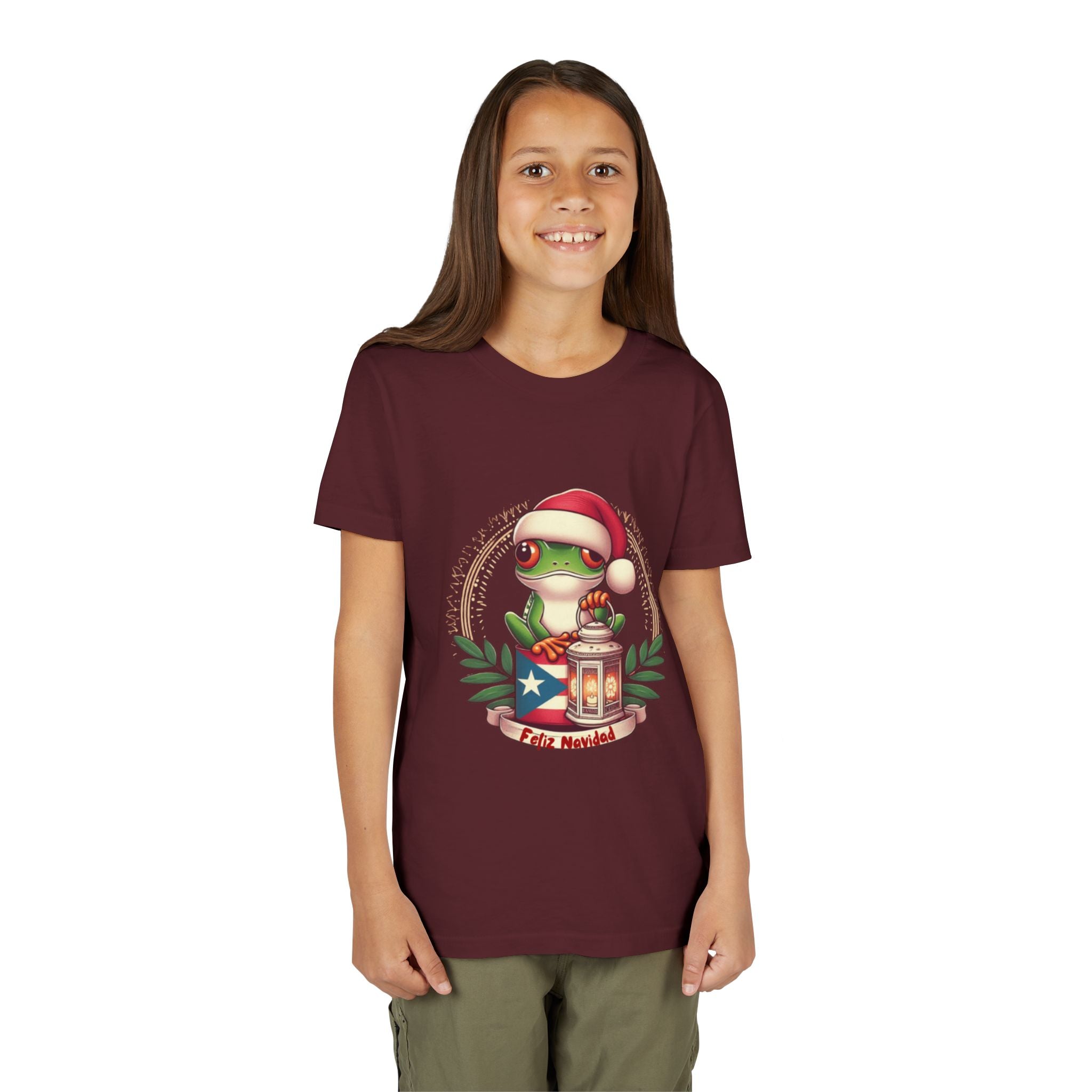 Kids Tee Cute Frog with Puerto Rican Flag & Lantern (Feliz Navidad)