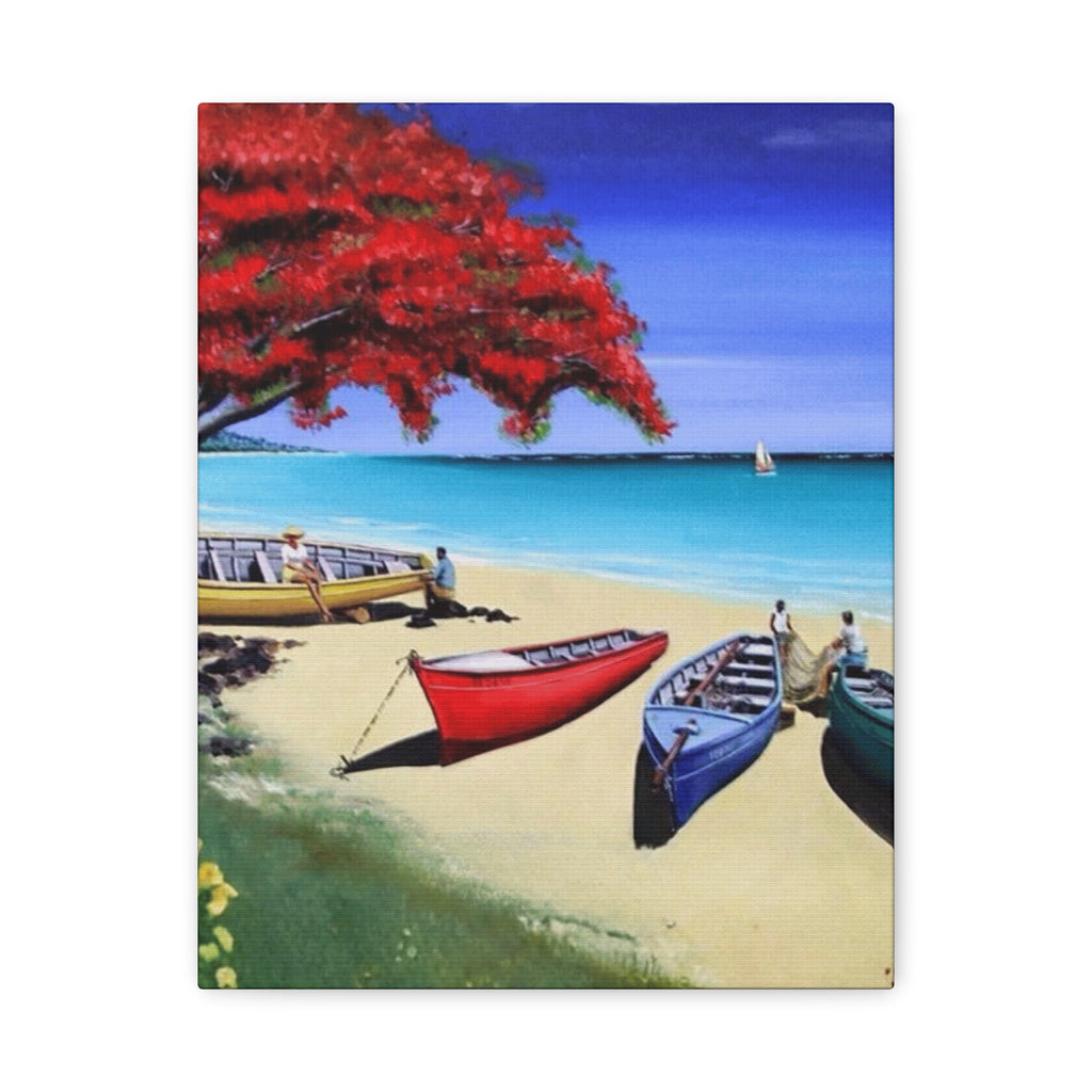 Beach Canoes Canvas Wall Art Tropical Seaside Landscape Matte Stretched Canvas