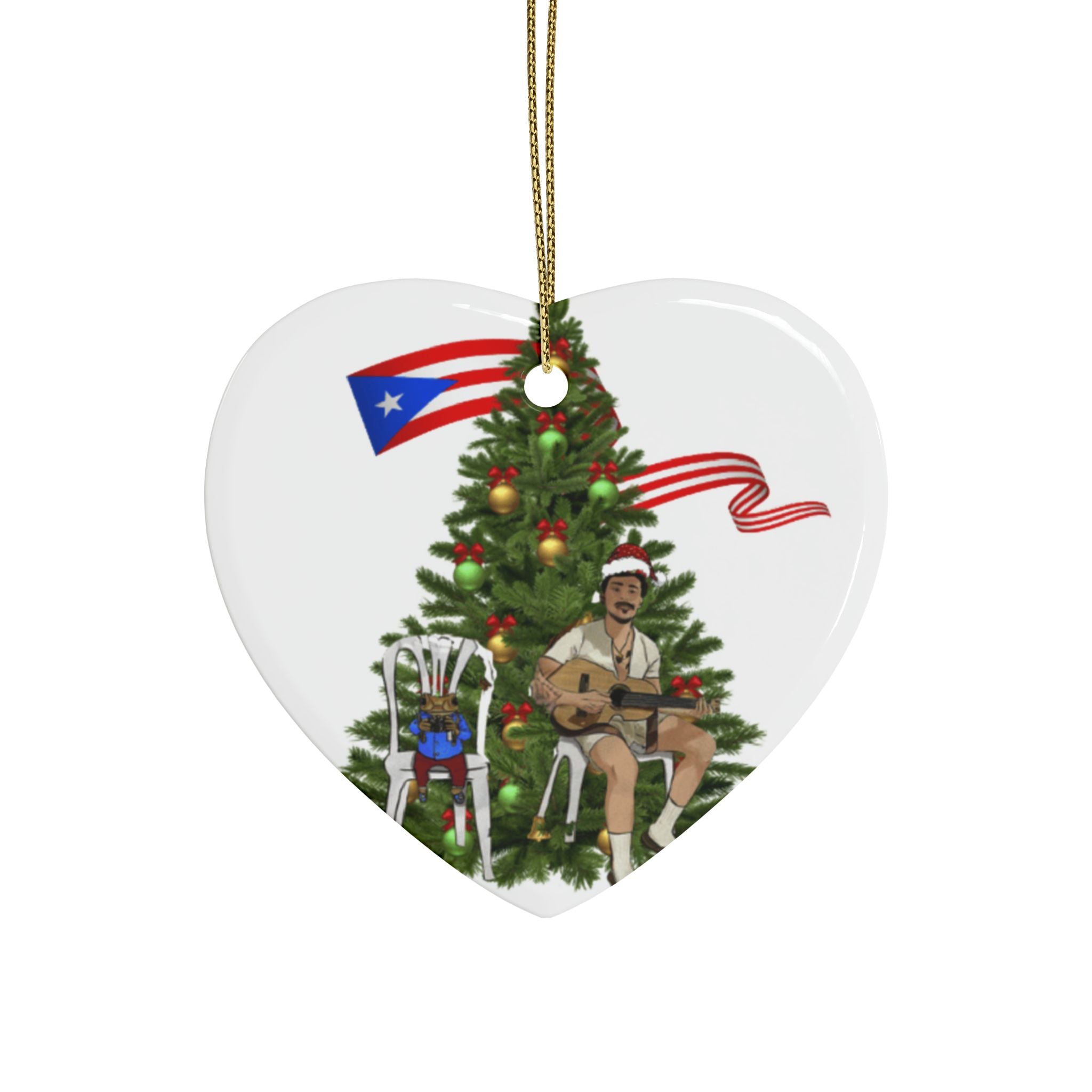 Puerto Rican Christmas Ornament Coquí & Palm Tree Ornament  Festive Tree with Guitarist Ceramic Heart Ornament
