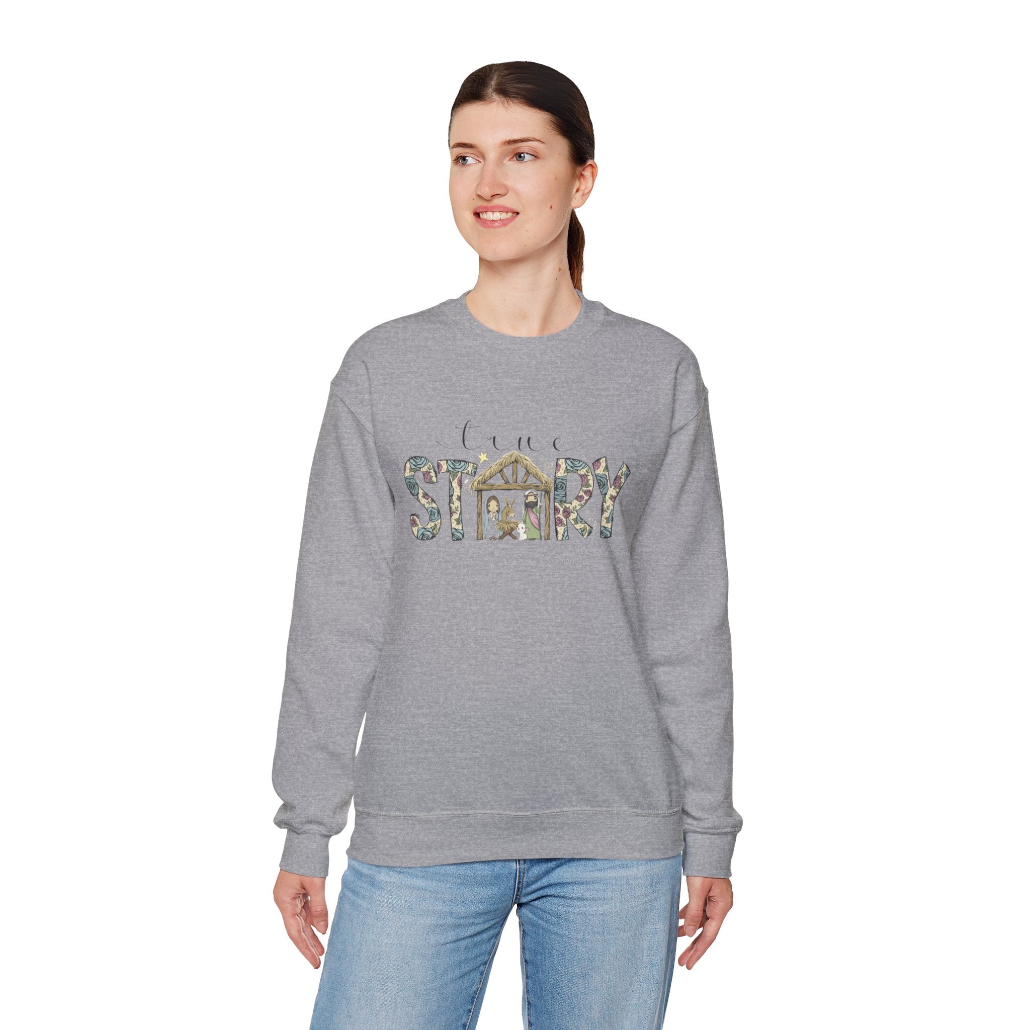 Crewneck Sweatshirt "Come Story" Floral Nativity Design  Cozy Christmas Pullover unique festive designs and joyful