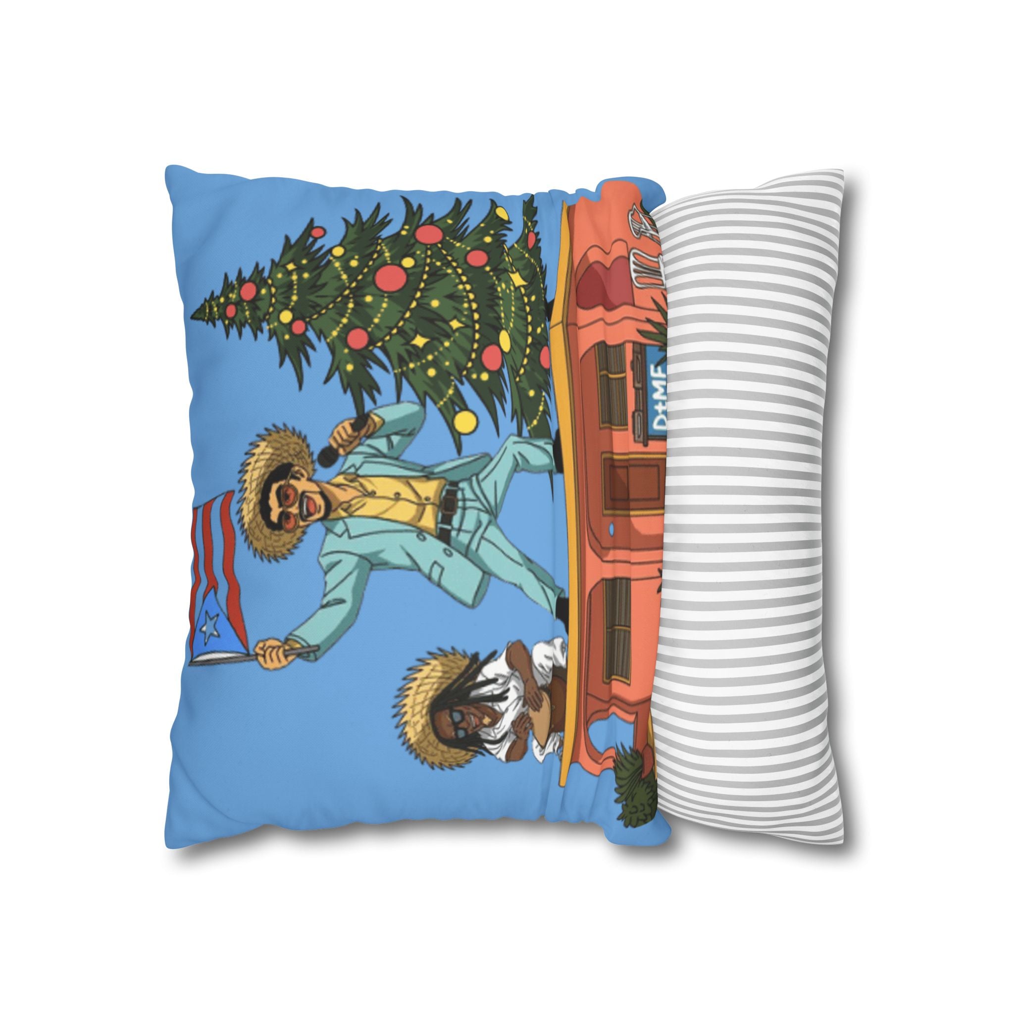 Holiday Vibes Pillow — Festive Duo Singing on Rooftop Christmas Throw Pillow Puerto Rico Culture Pillow