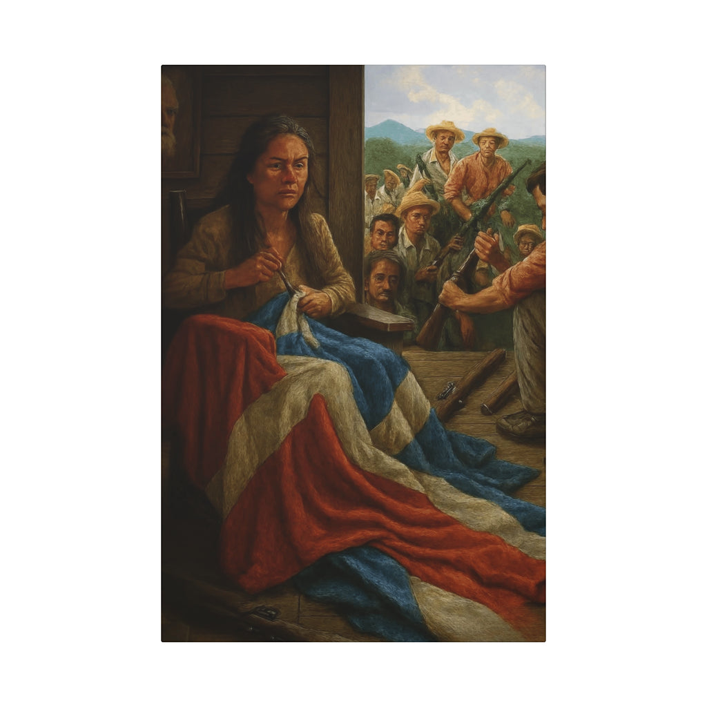Cultural & Story-Driven  Story of Puerto Rico Woman Sewing Flag with Resolute Crowd (Historical Patriotic Wall Art)