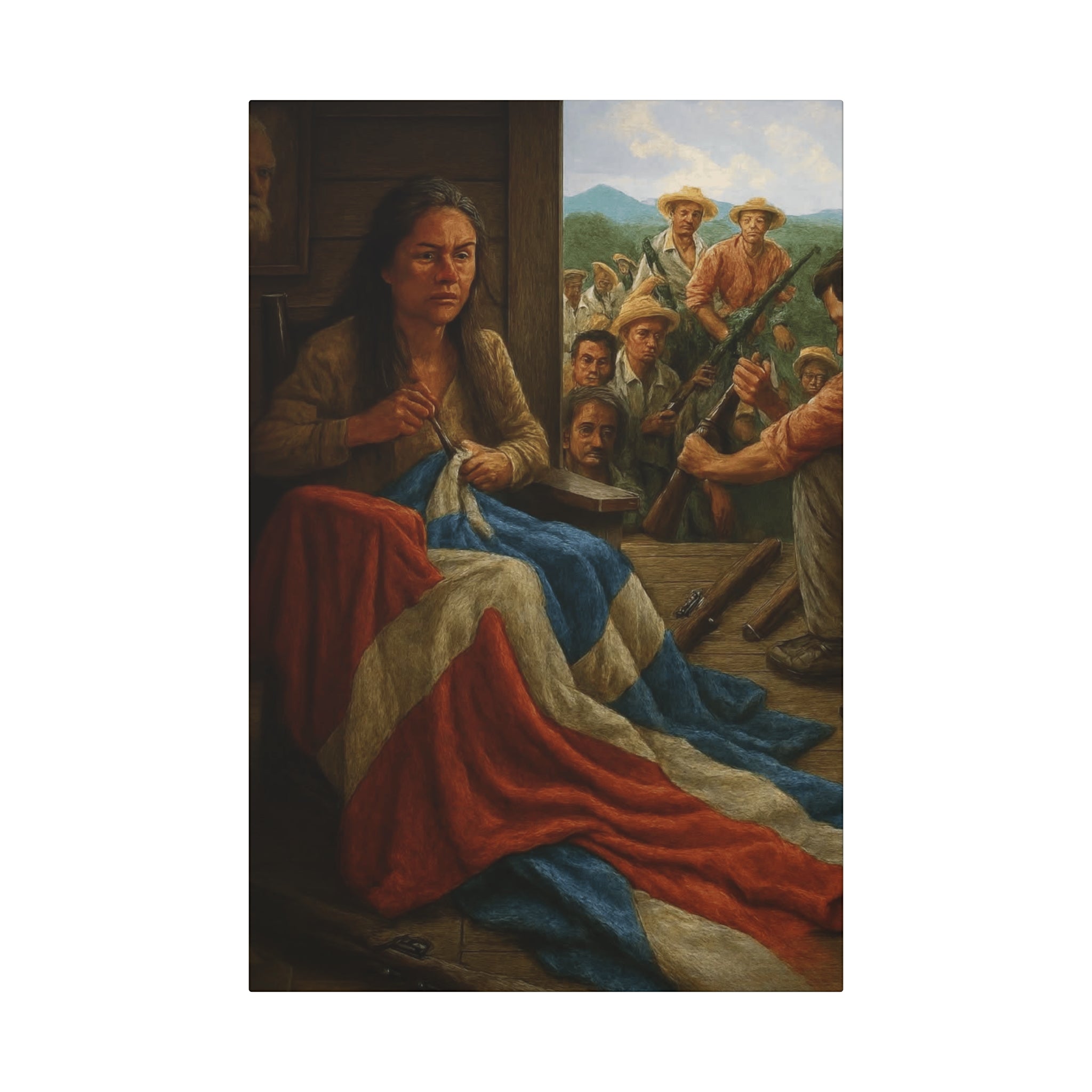 Cultural & Story-Driven  Story of Puerto Rico Woman Sewing Flag with Resolute Crowd (Historical Patriotic Wall Art)