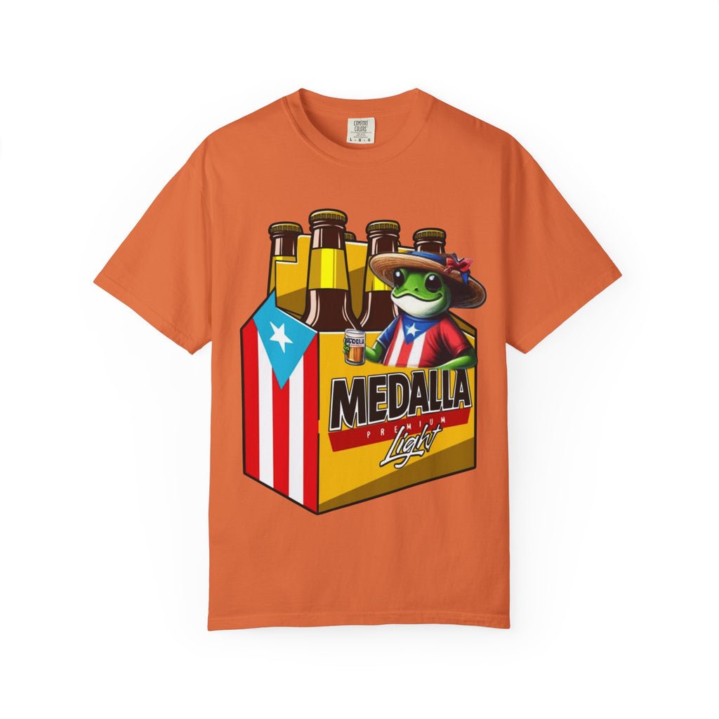 Medalla Light Puerto Rican Beer T-Shirt Coqui Frog Mascot Six-Pack Graphic Tee Puerto Rico’s Navidades