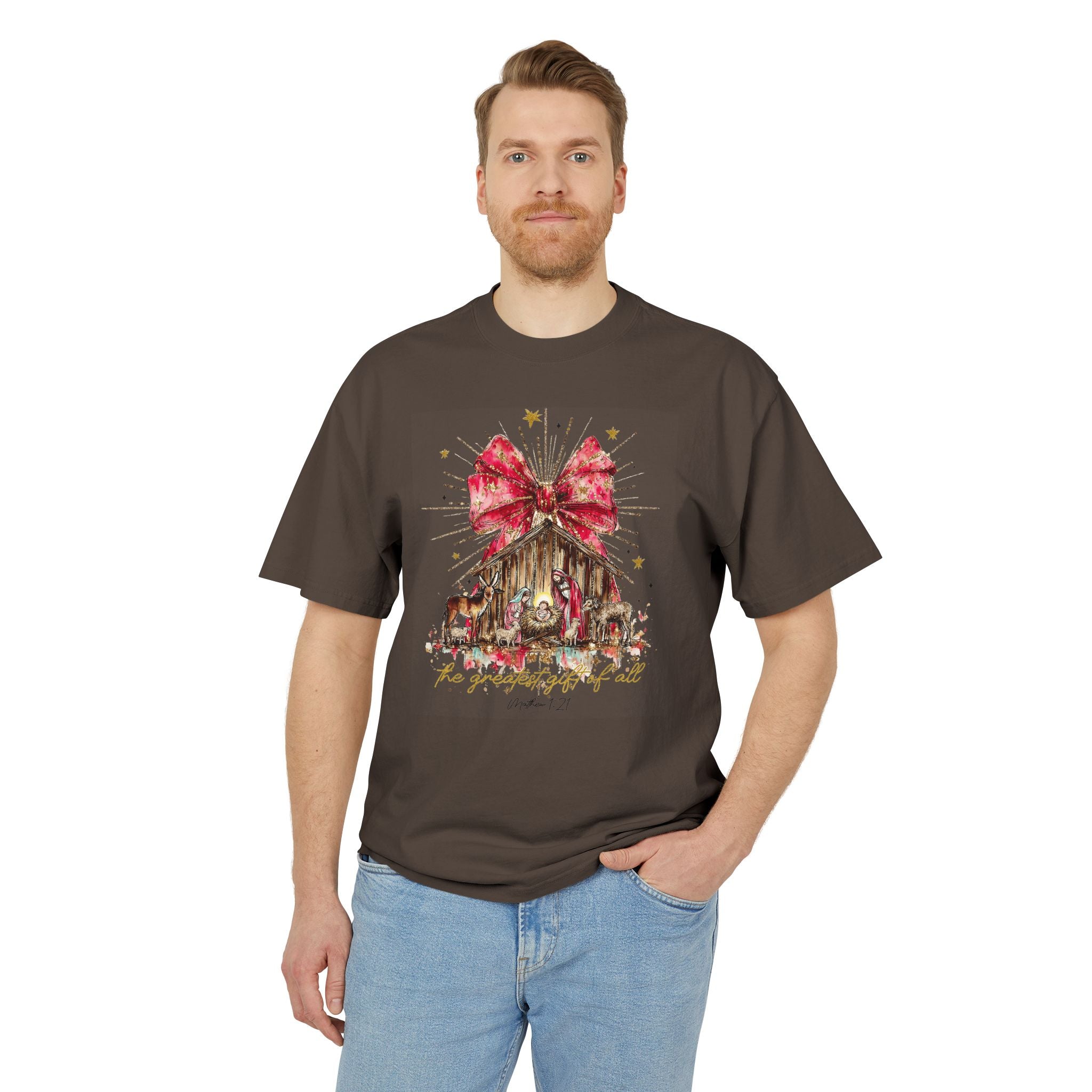 Christmas Nativity Tee  Rustic Manger with Red Bow Holiday T‑Shirt Christmas T-shirts and sweaters