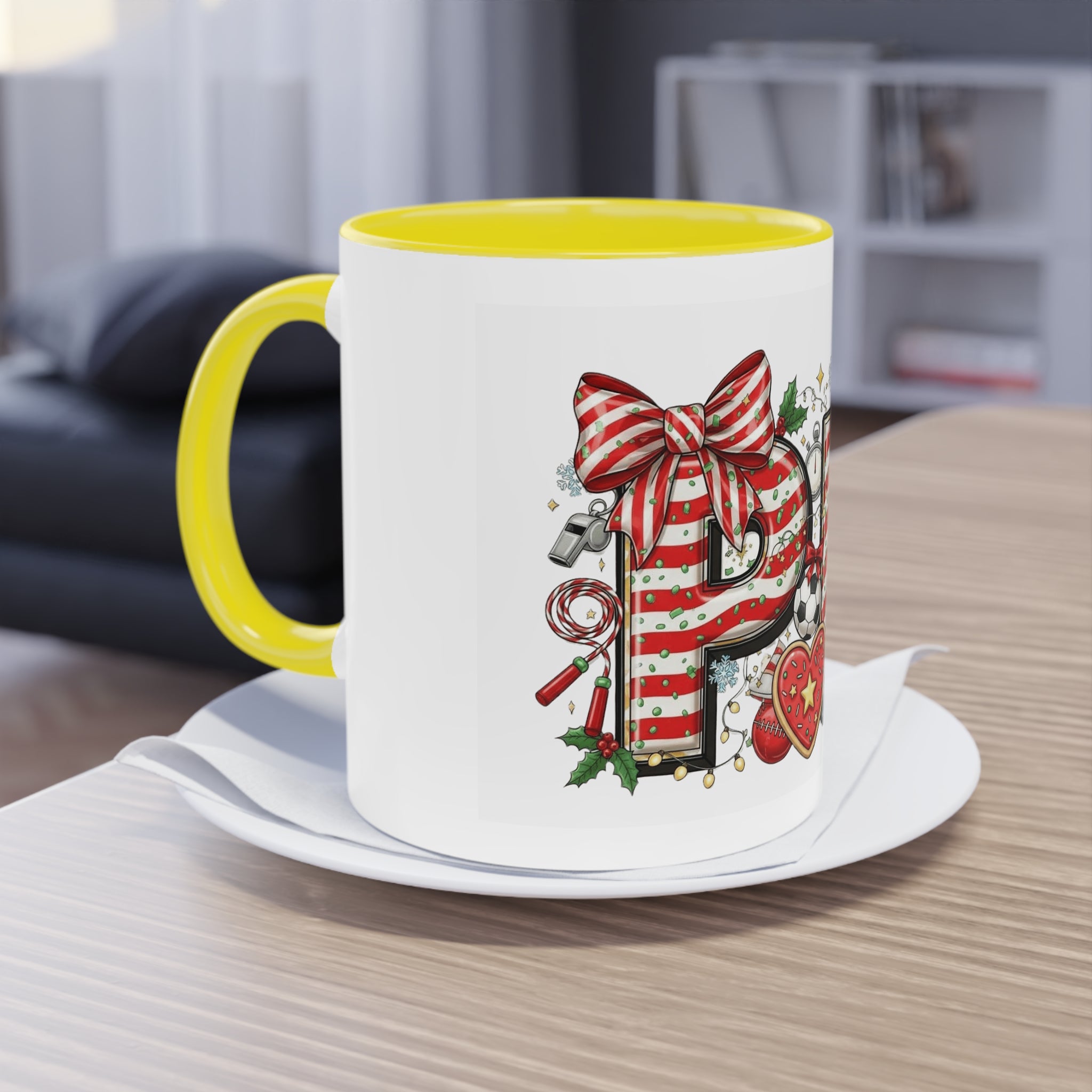 Holiday Sports Mom Coffee Mug Festive 'PE' Candy-Stripe Design, 11oz Two-Tone School Staff Christmas Mug Collection,