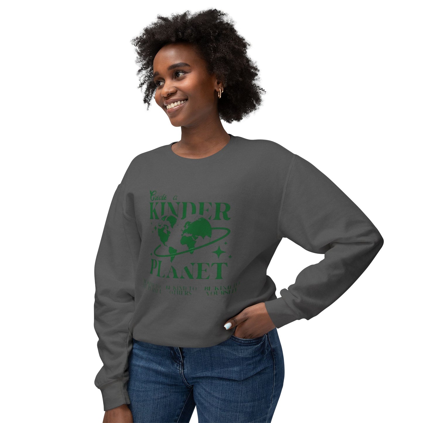 Kinder Planet Crewneck Sweatshirt Eco-Friendly Earth Day Graphic Pullover