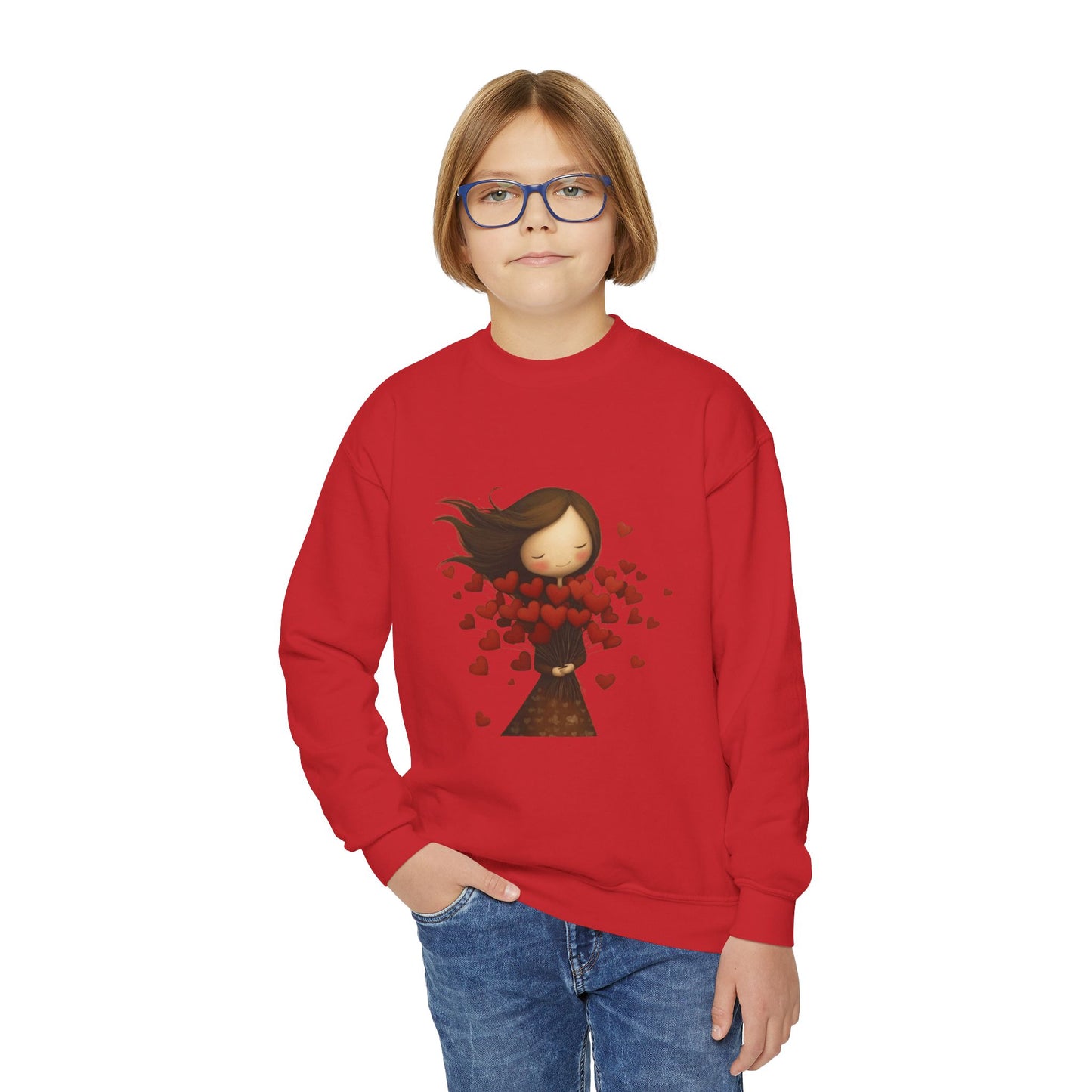 Youth Sweatshirt  Cute Girl with Heart Shower "Love Bug" Crewneck