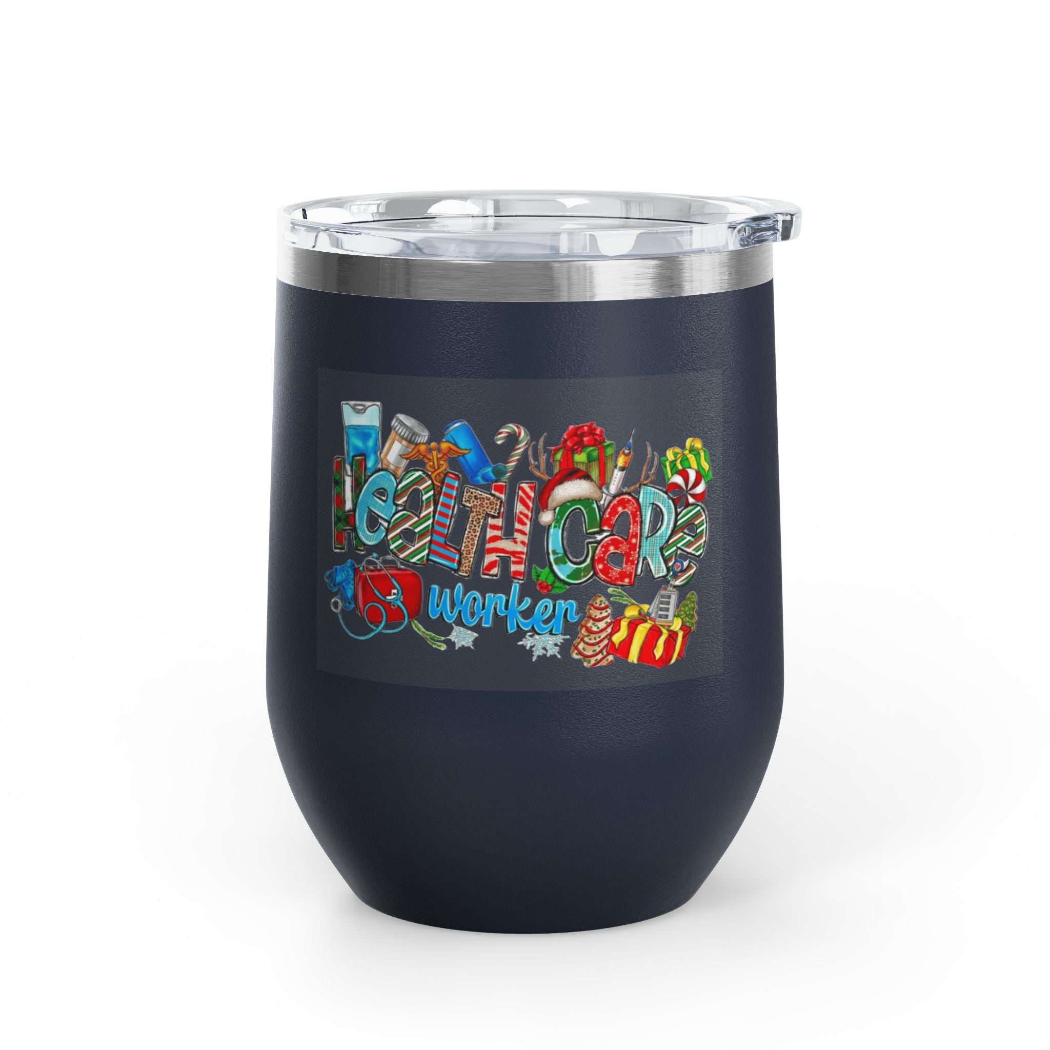 Healthcare Worker 12oz Wine Tumbler — Colorful Holiday Medical Staff Gift Medical Christmas Mug