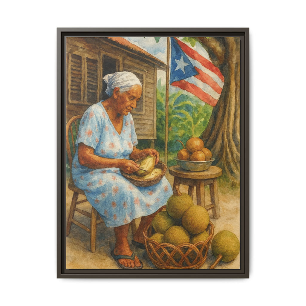 Cultural & Story-Driven These Puerto Rico inspired  Framed Matte Canvas Print  Woman Shelling Fruit Vintage Tropical Painting