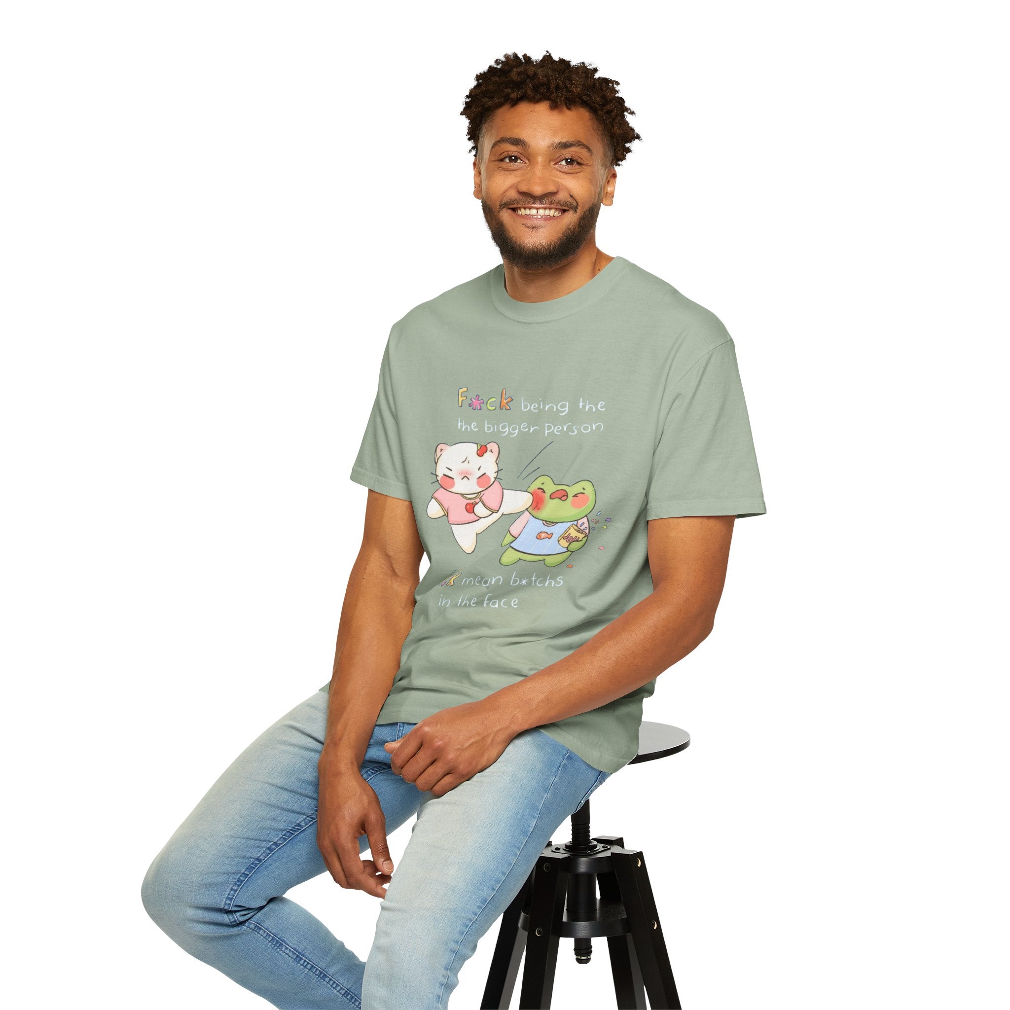 Graphic T-Shirt  Cute Kicking Cat & Frog with 'F*ck Being The Bigger Person' Slogan