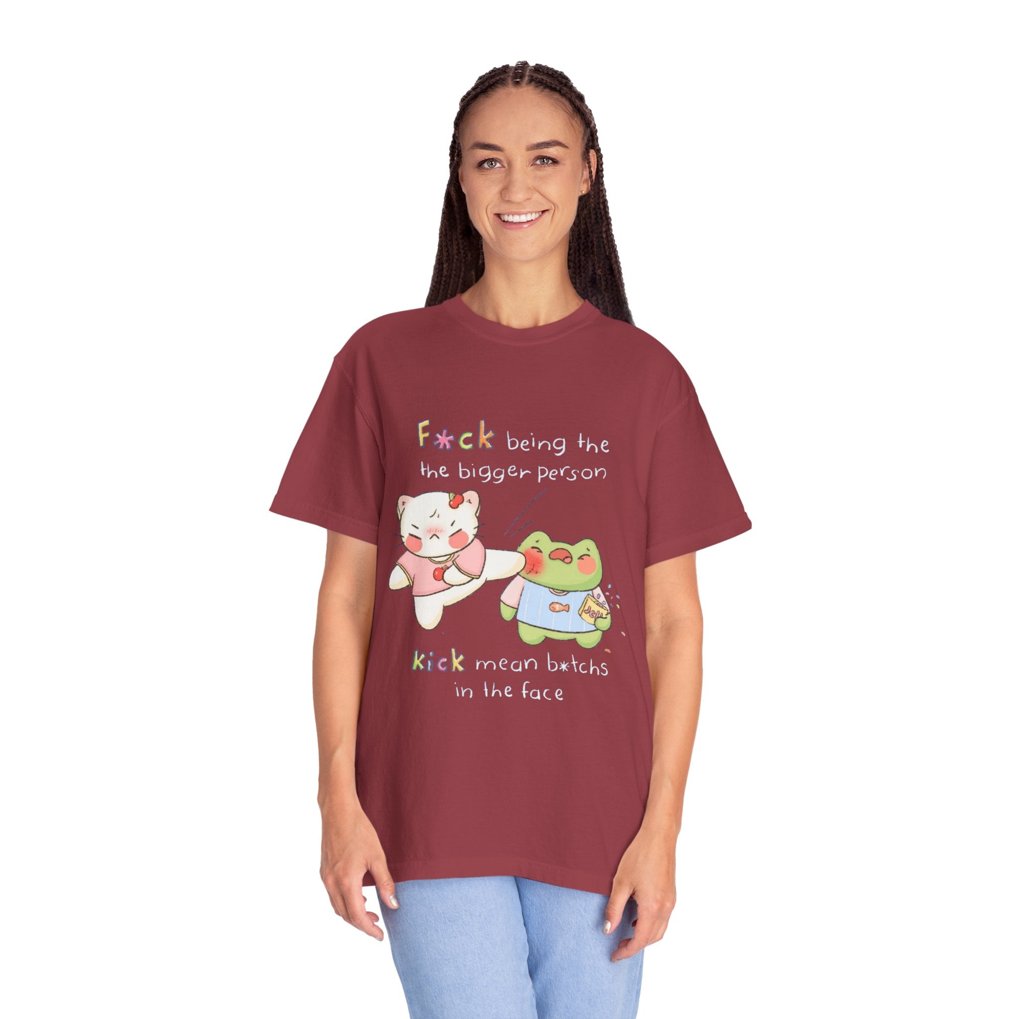 Graphic T-Shirt  Cute Kicking Cat & Frog with 'F*ck Being The Bigger Person' Slogan