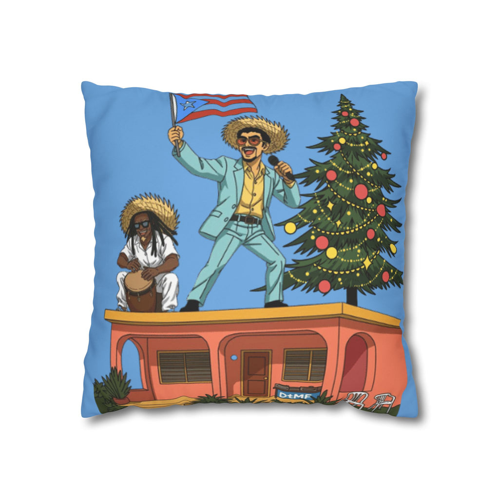 Holiday Vibes Pillow — Festive Duo Singing on Rooftop Christmas Throw Pillow Puerto Rico Culture Pillow