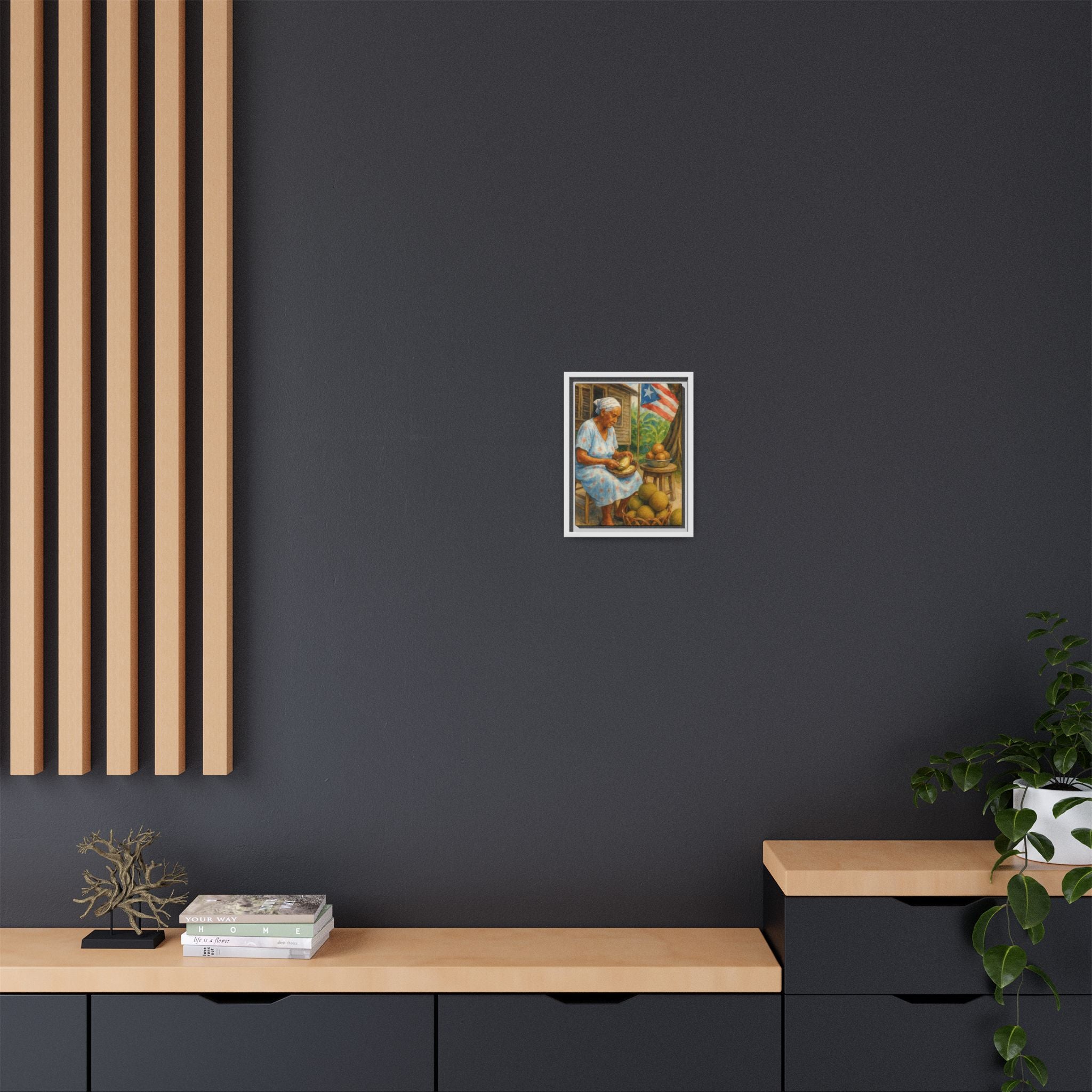 Cultural & Story-Driven These Puerto Rico inspired  Framed Matte Canvas Print  Woman Shelling Fruit Vintage Tropical Painting