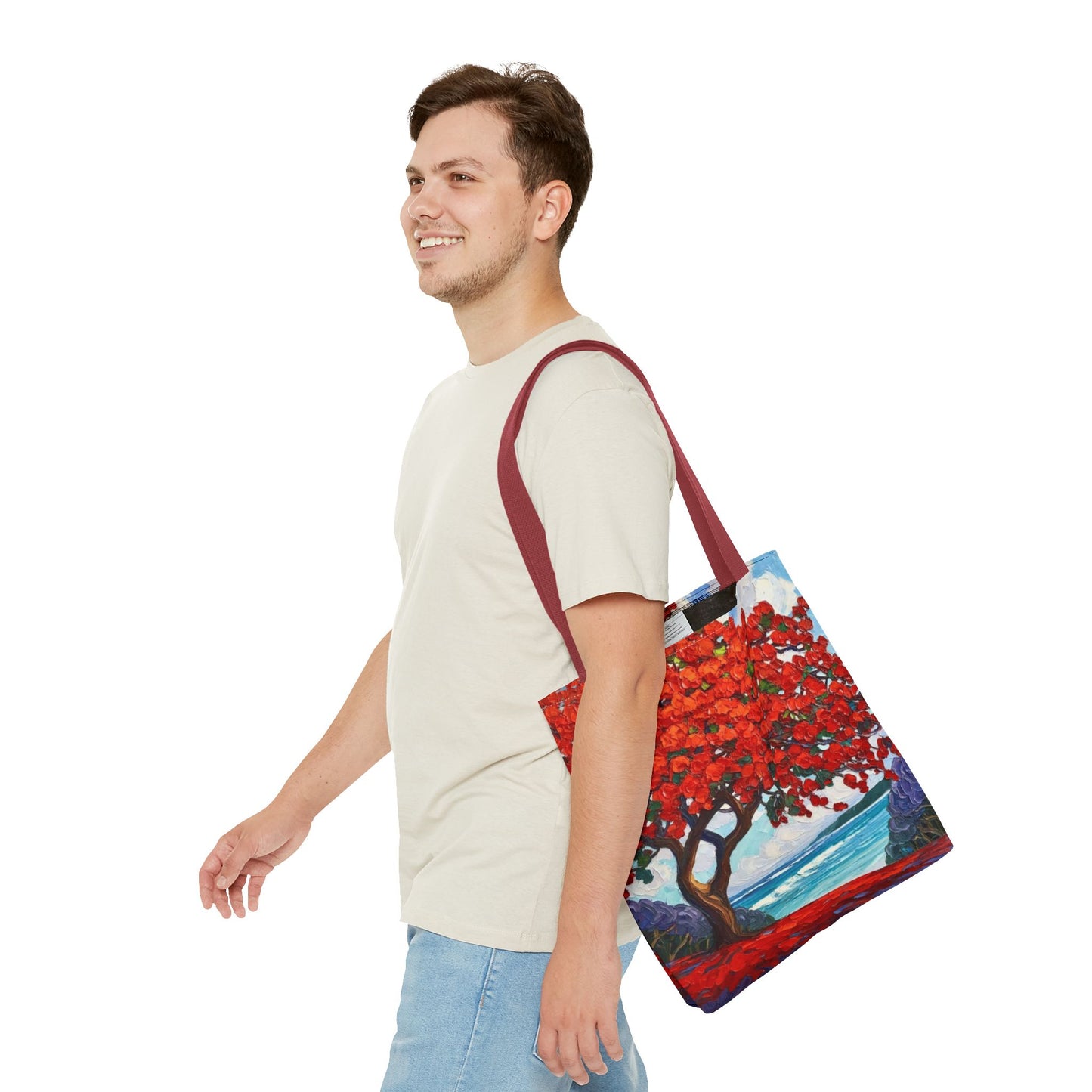 Red Blossom Beach Tote - Tropical Tree Art All-Over Print Tote Bag Crochet-Decorated Tote Bags