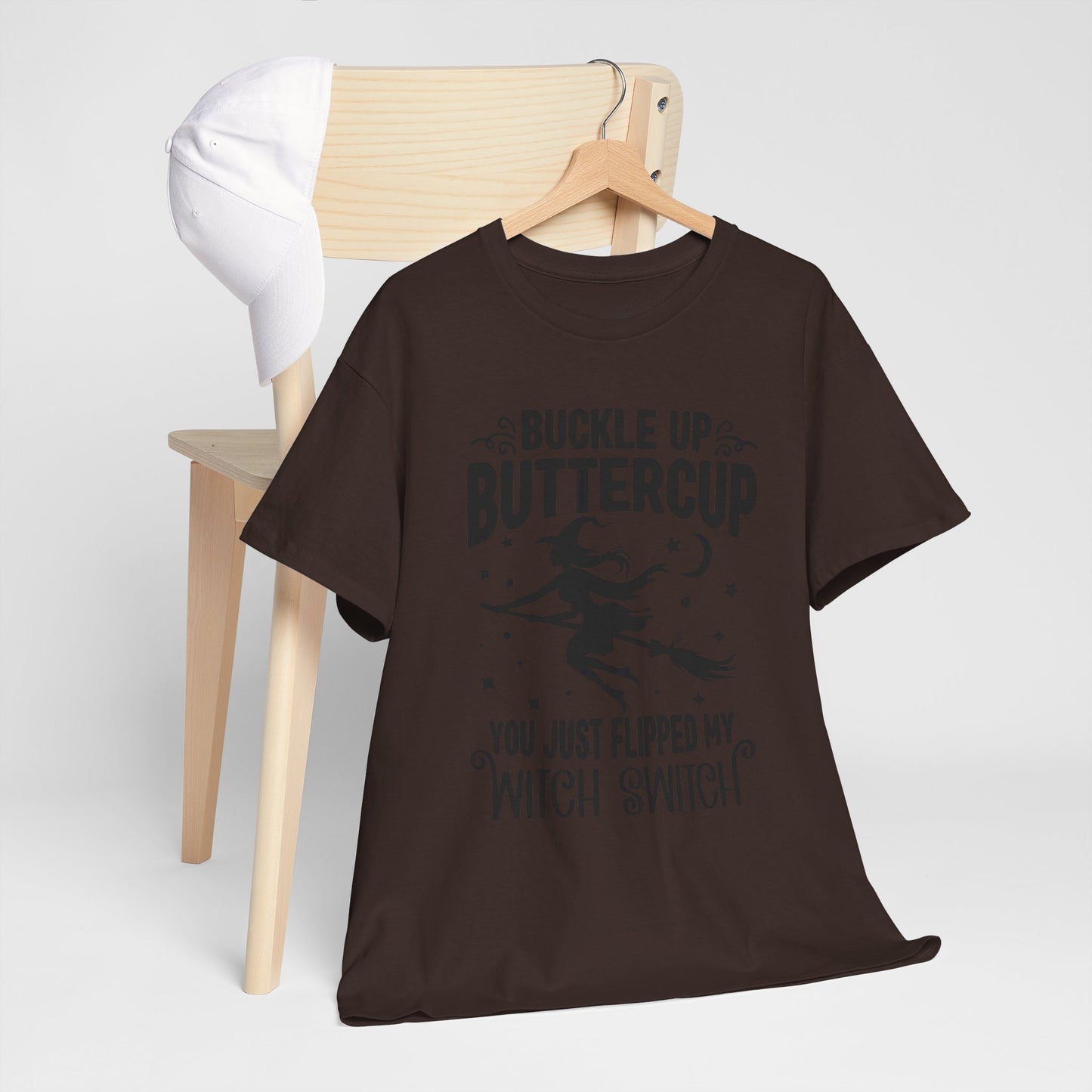 Witchy Humor Tee - Buckle Up Buttercup, Unisex Heavy Cotton Tee, Halloween Shirt, Casual Wear, Gift for Her, Funny T-Shirt