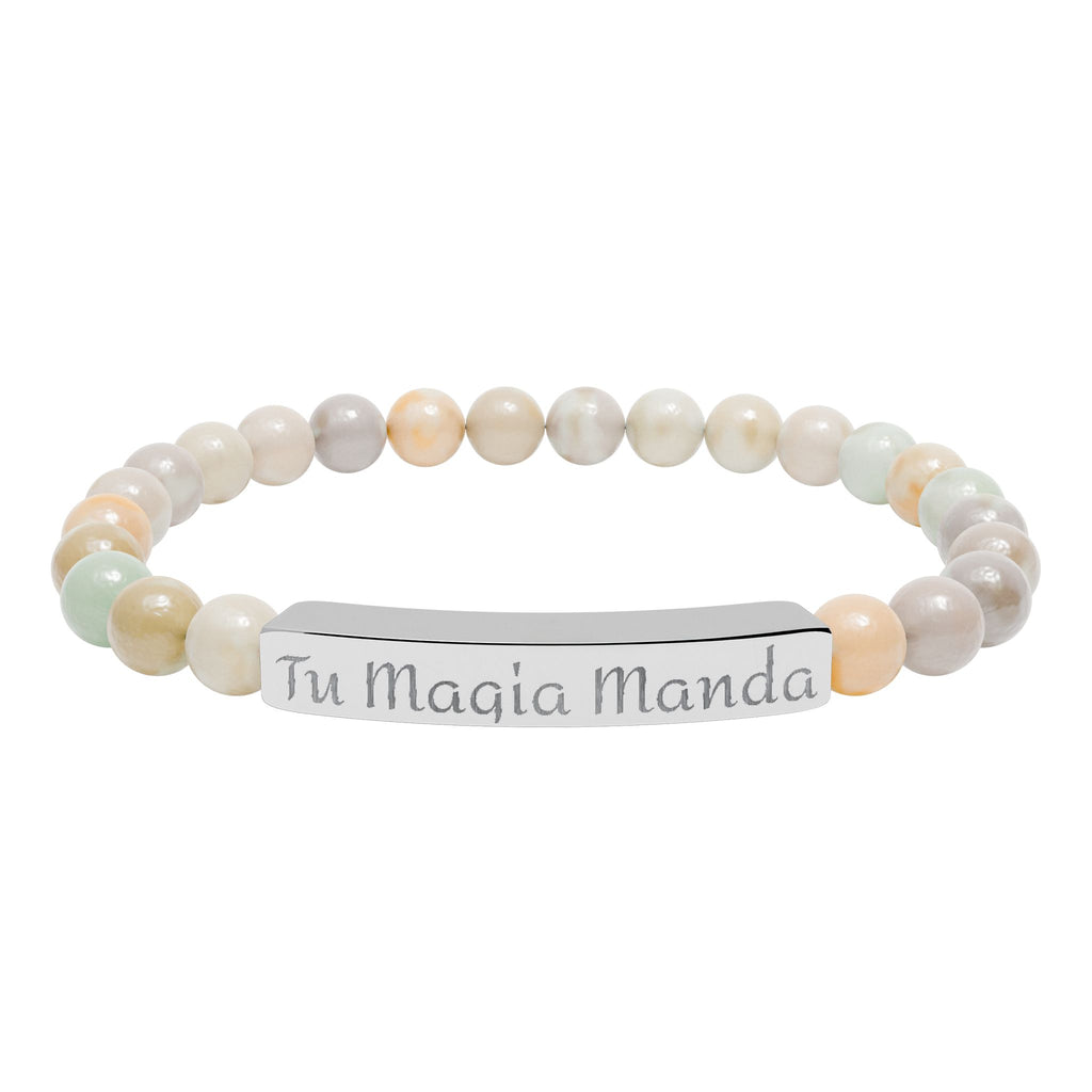 Tu Magia Manda Engravable Natural Stone Stretch Bracelet — Personalized Bar Bead Bracelet