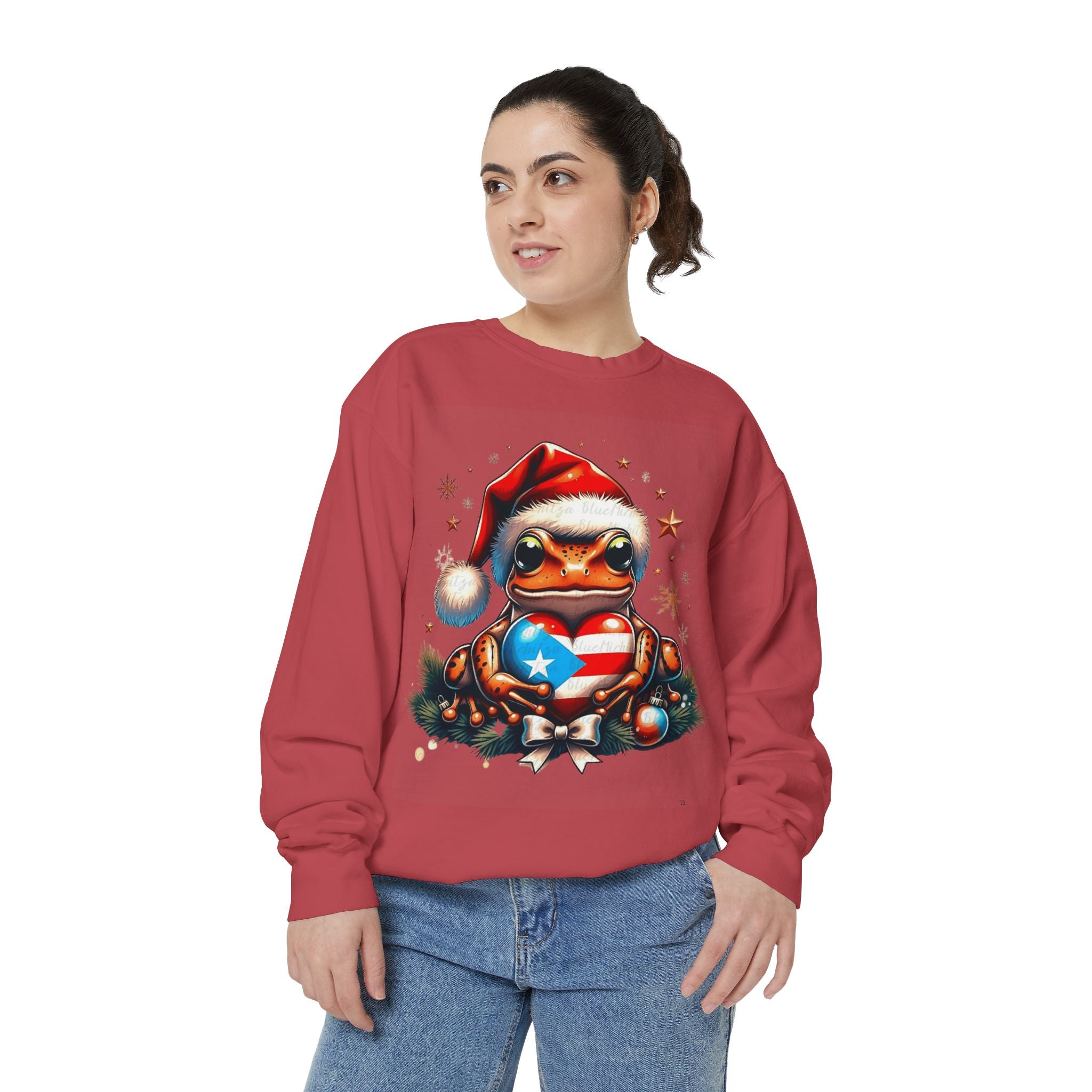 Christmas Coqui Sweatshirt — Cute Santa Frog Holding Ornament Holiday Sweater