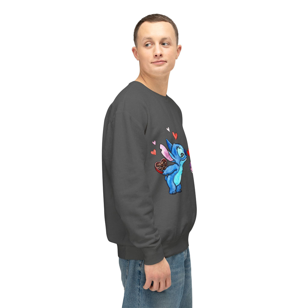 Cute Stitch Valentine Sweatshirt — Blue & Pink Love Characters with Hearts