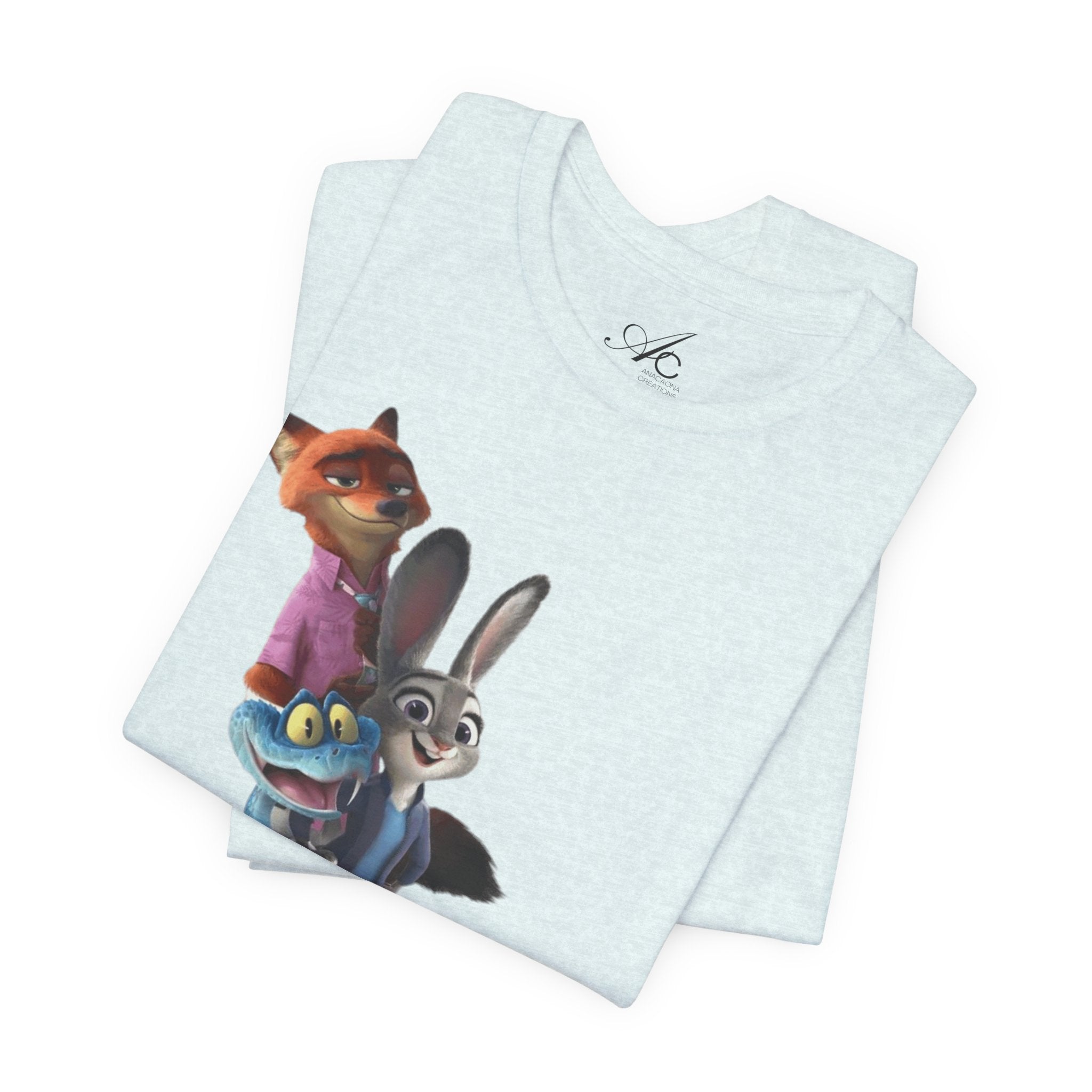 Animated Character Tee — Cute Fox & Bunny Stack Graphic T-Shirt  cartoon-style Christmas artwork