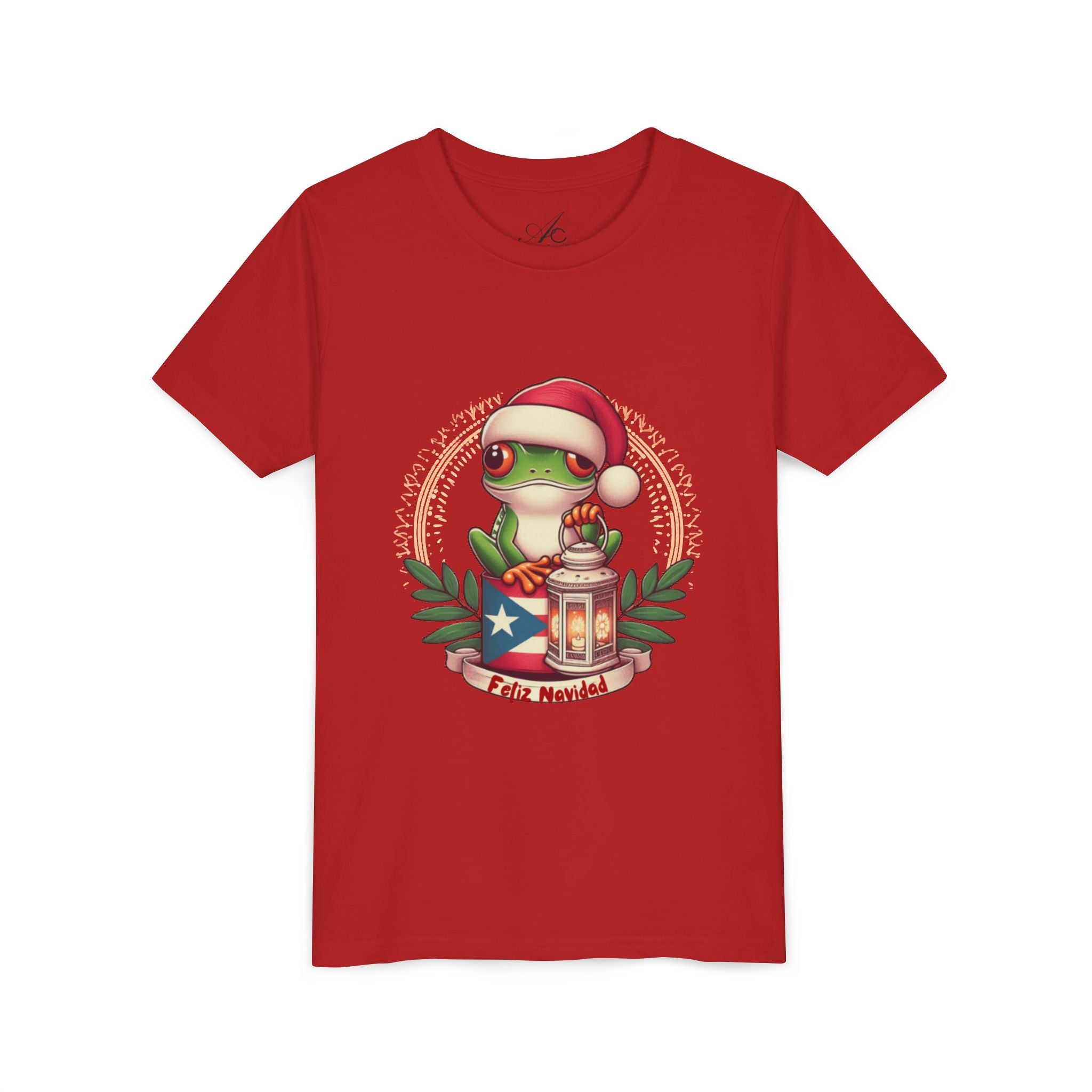 Kids Tee Cute Frog with Puerto Rican Flag & Lantern (Feliz Navidad)