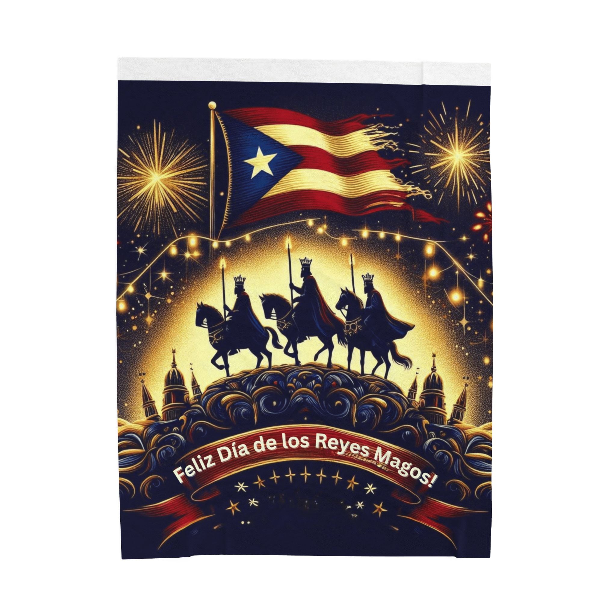 Velveteen Plush Blanket  Feliz Día de los Reyes Magos Puerto Rico Flag Holiday Throw