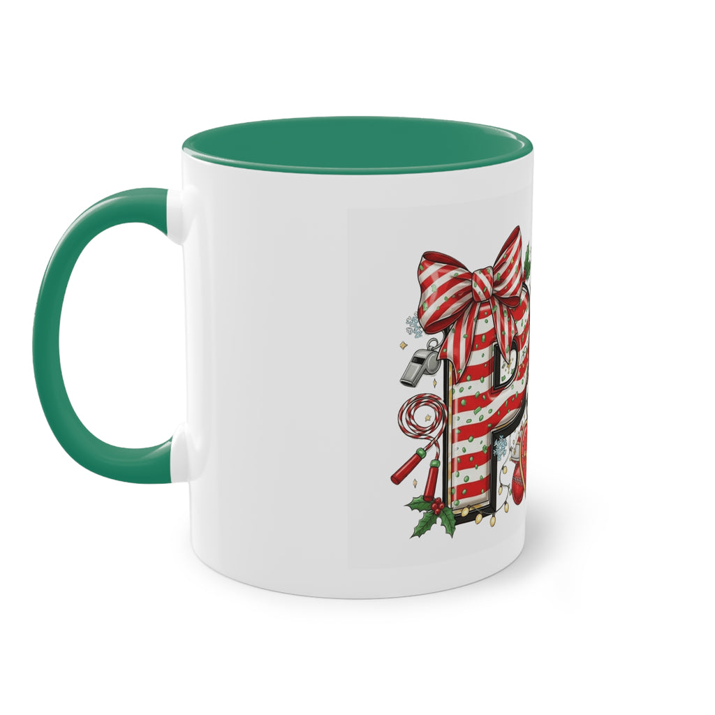 Holiday Sports Mom Coffee Mug Festive 'PE' Candy-Stripe Design, 11oz Two-Tone School Staff Christmas Mug Collection,