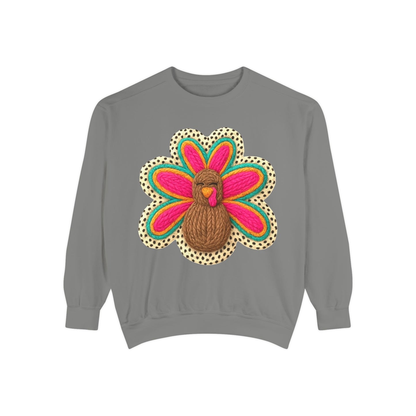 Festive Holiday Designs Turkey Patch Sweatshirt — Colorful Embroidered Thanksgiving Pullover