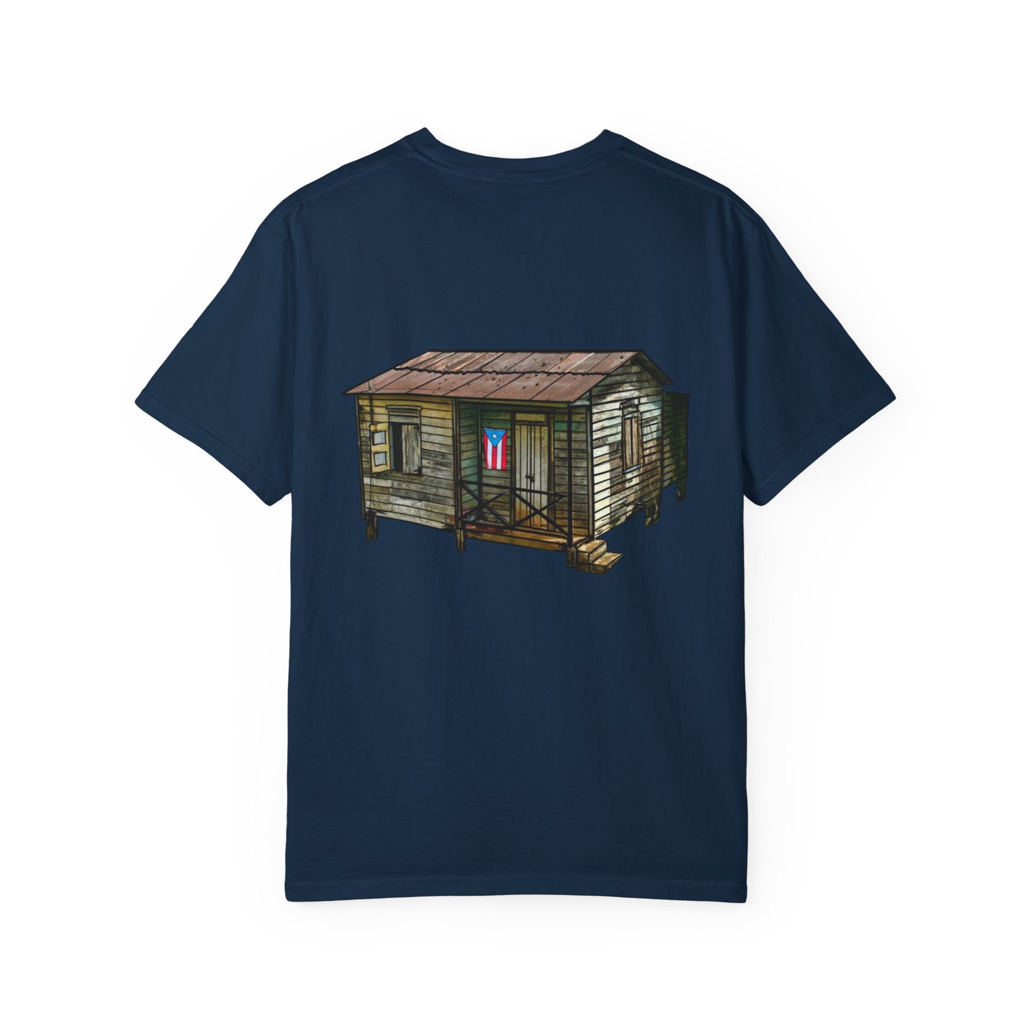 Puerto Rican Batey Cabin T-Shirt  Three Masks & Rustic House Graphic Tee Puerto Rico Navidades
