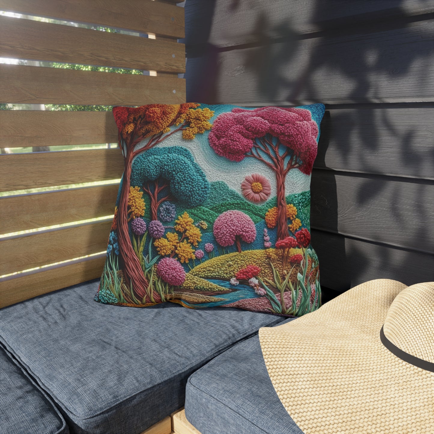 Outdoor Pillow — Colorful Whimsical Garden Landscape Throw Pillow