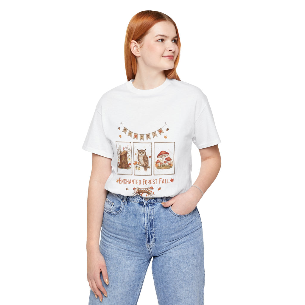 Enchanted Forest Fall Tee, Cute Owl Shirt, Autumn Graphic Tee, Nature Lover Gift, Cozy Fall Apparel, Wildlife T-Shirt, Unisex Fall Top