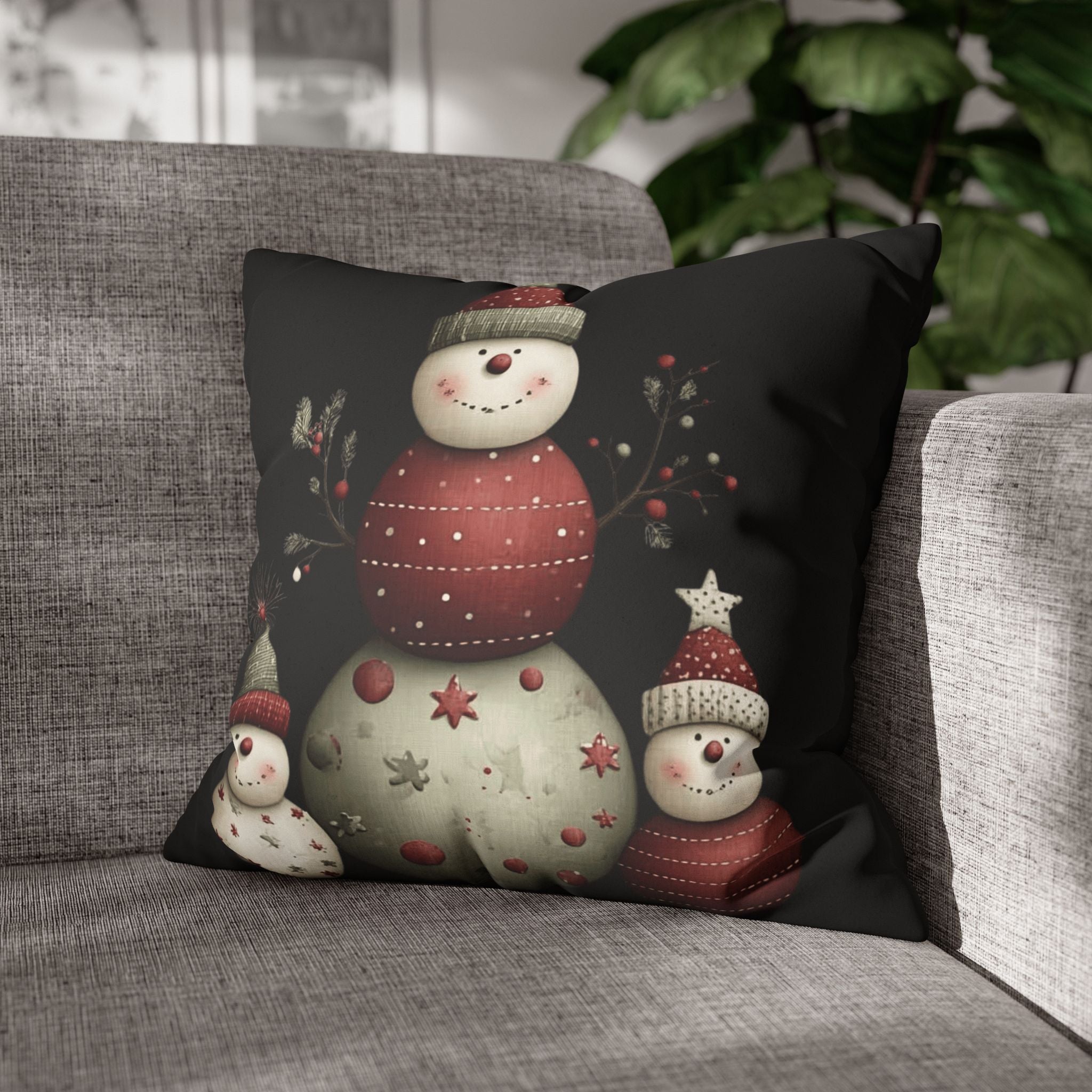Christmas Snowman Faux Suede Pillowcase – Cute Stacked Snowmen Holiday Decor CHRISTMAS PILLOW DÉCOR