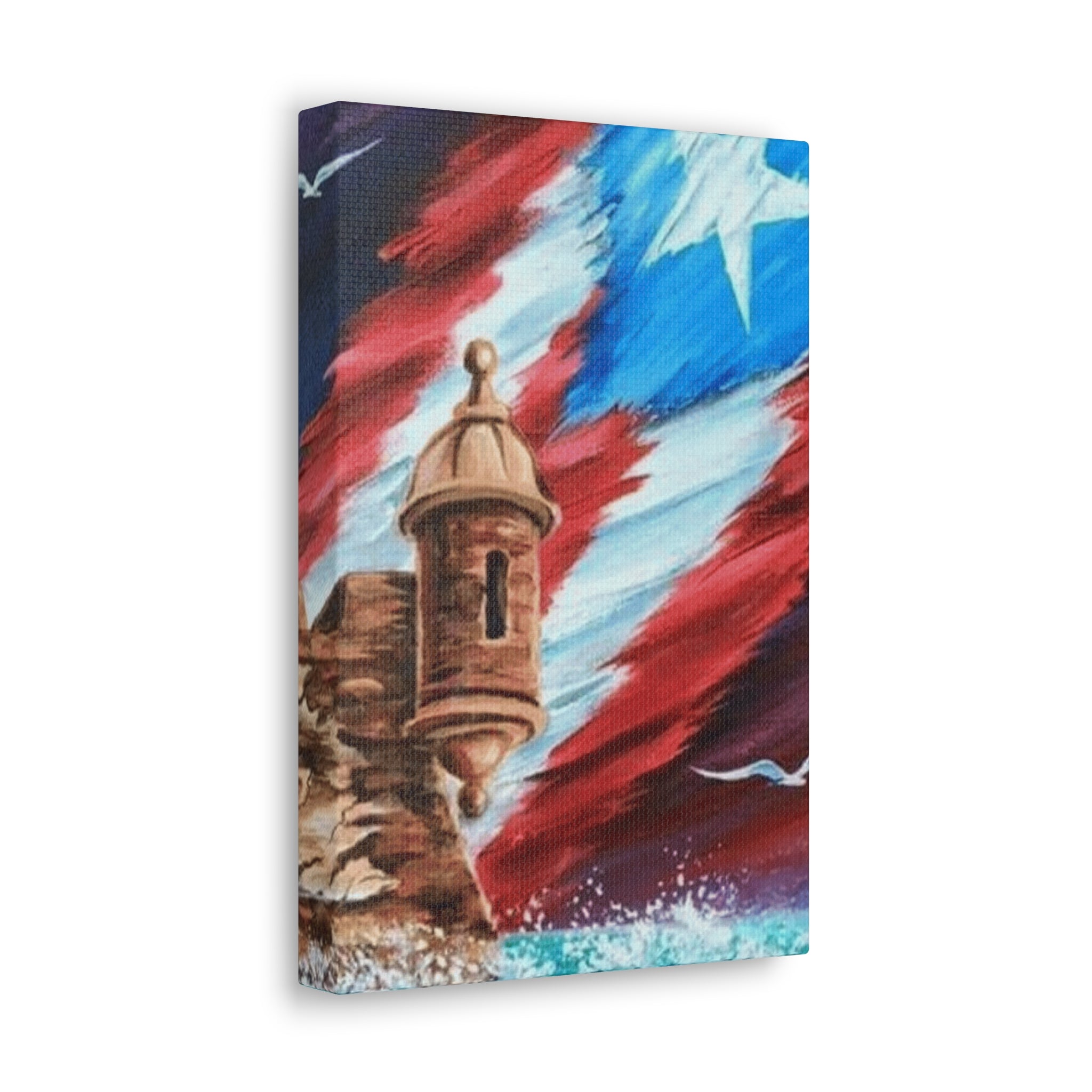 Patriotic Castillo Canvas Wall Art – Puerto Rico Flag Coastal Fortress Print